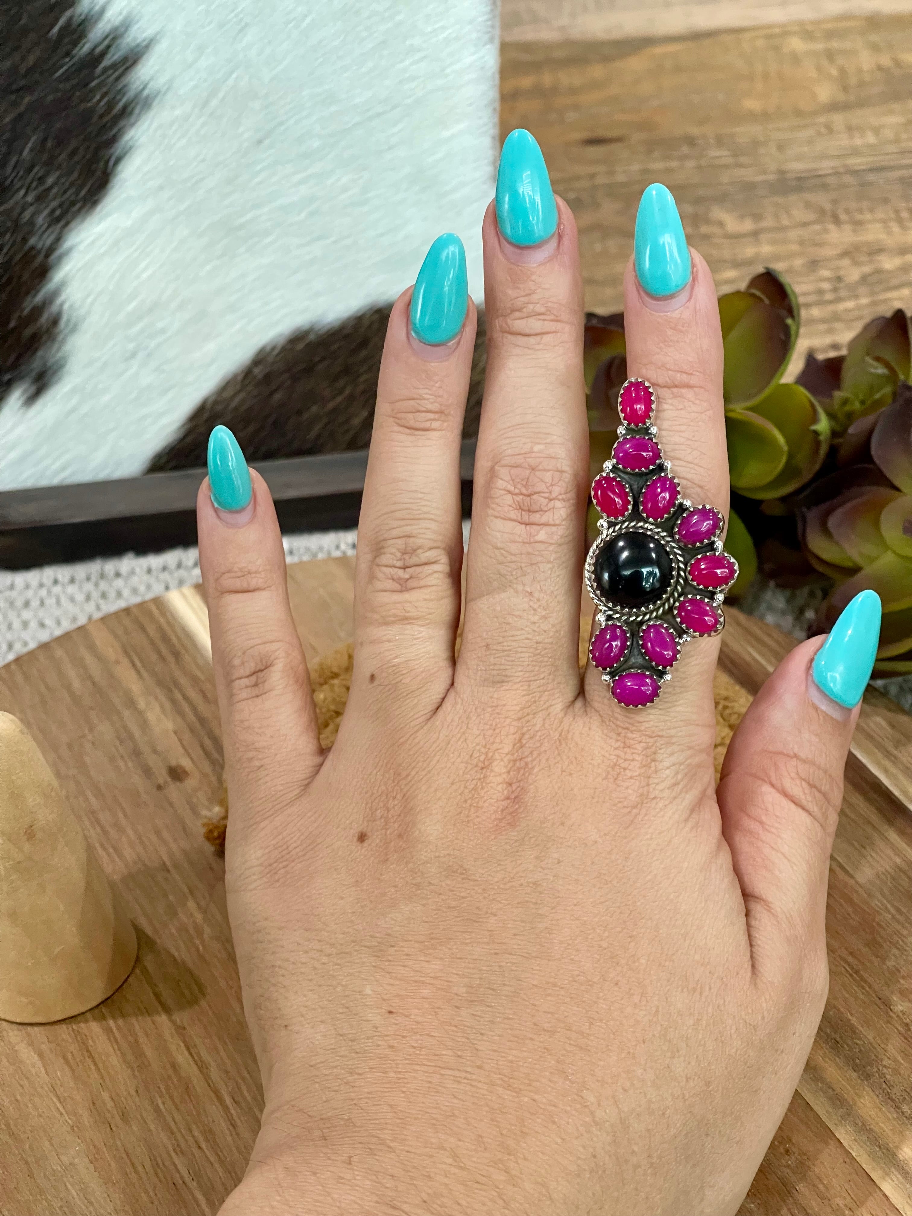 Handmade Sterling Silver, Onyx & Pink Onyx Cluster Adjustable Ring