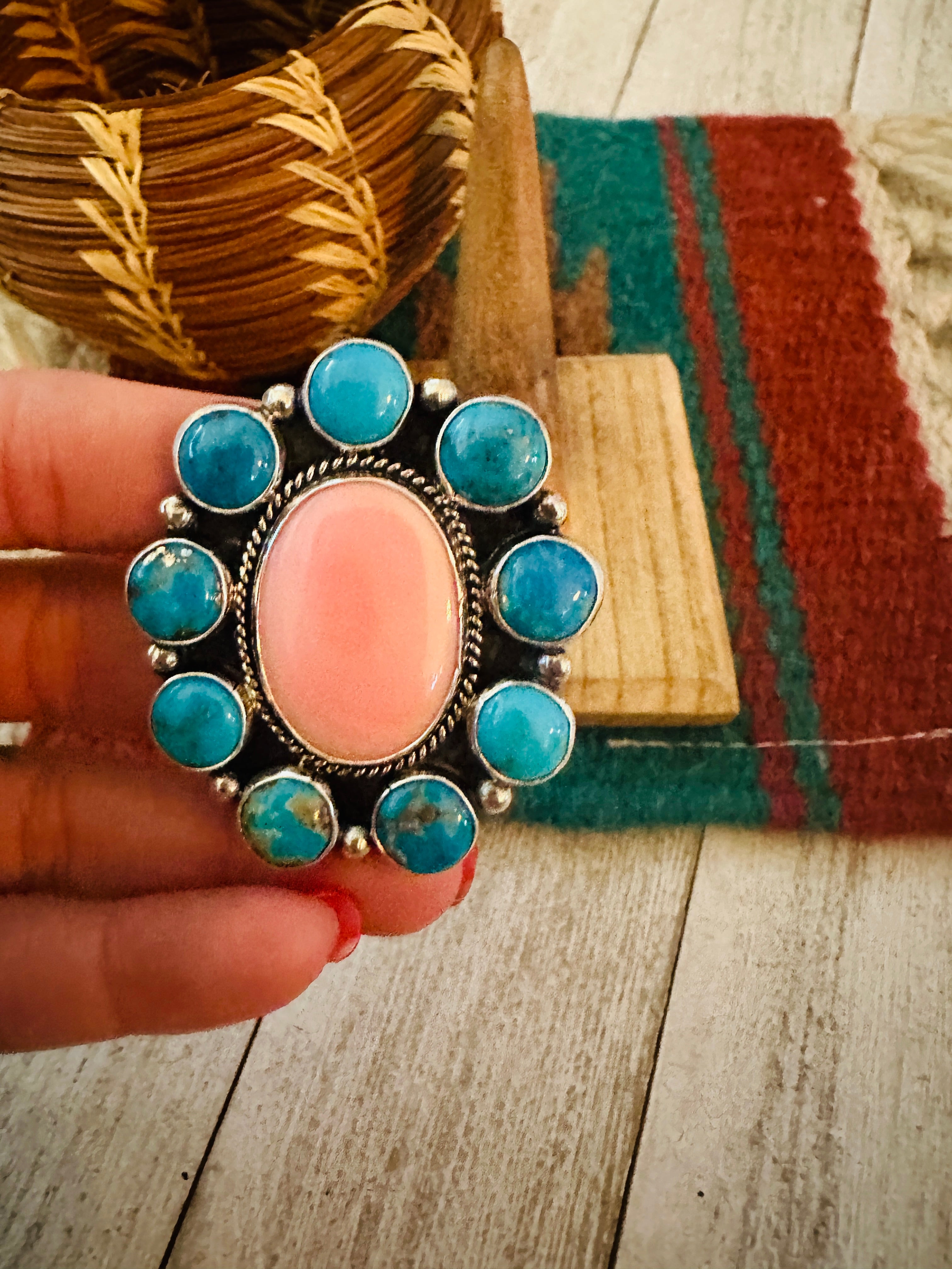 Navajo Sterling Silver, Queen Pink Conch & Turquoise Cluster Adjustable Ring