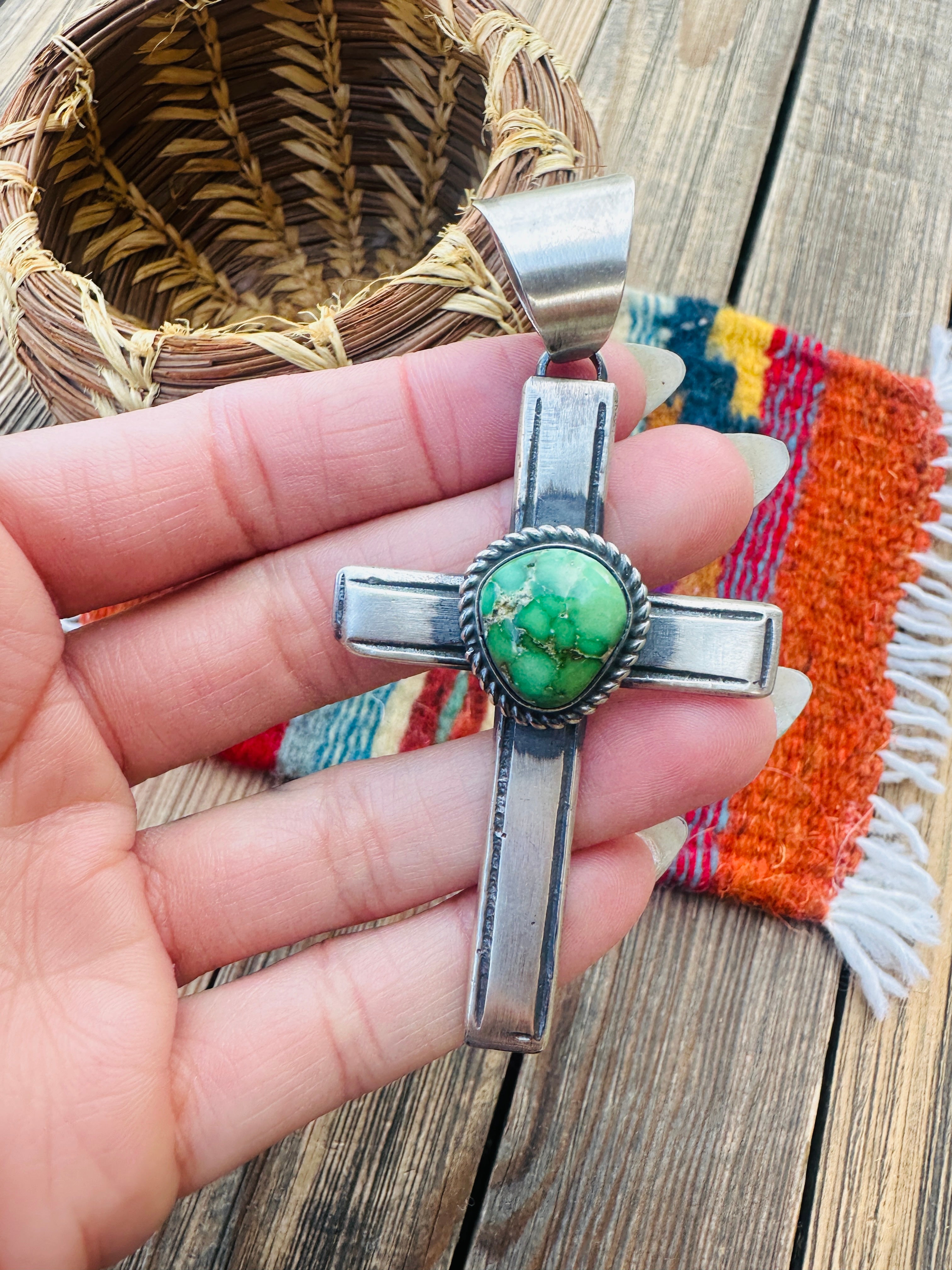 Handcrafted Sonoran Mountain Turquoise & Sterling Silver Cross Pendant by Chimney Butte
