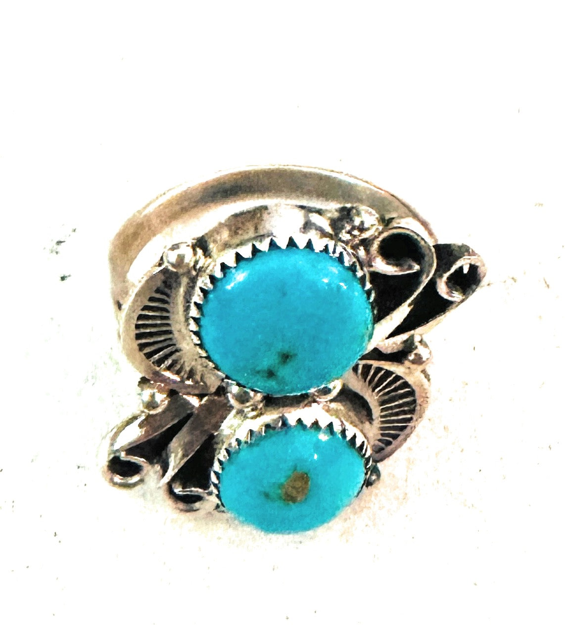 Navajo Turquoise & Sterling Silver Two Stone Ring Size 7.5