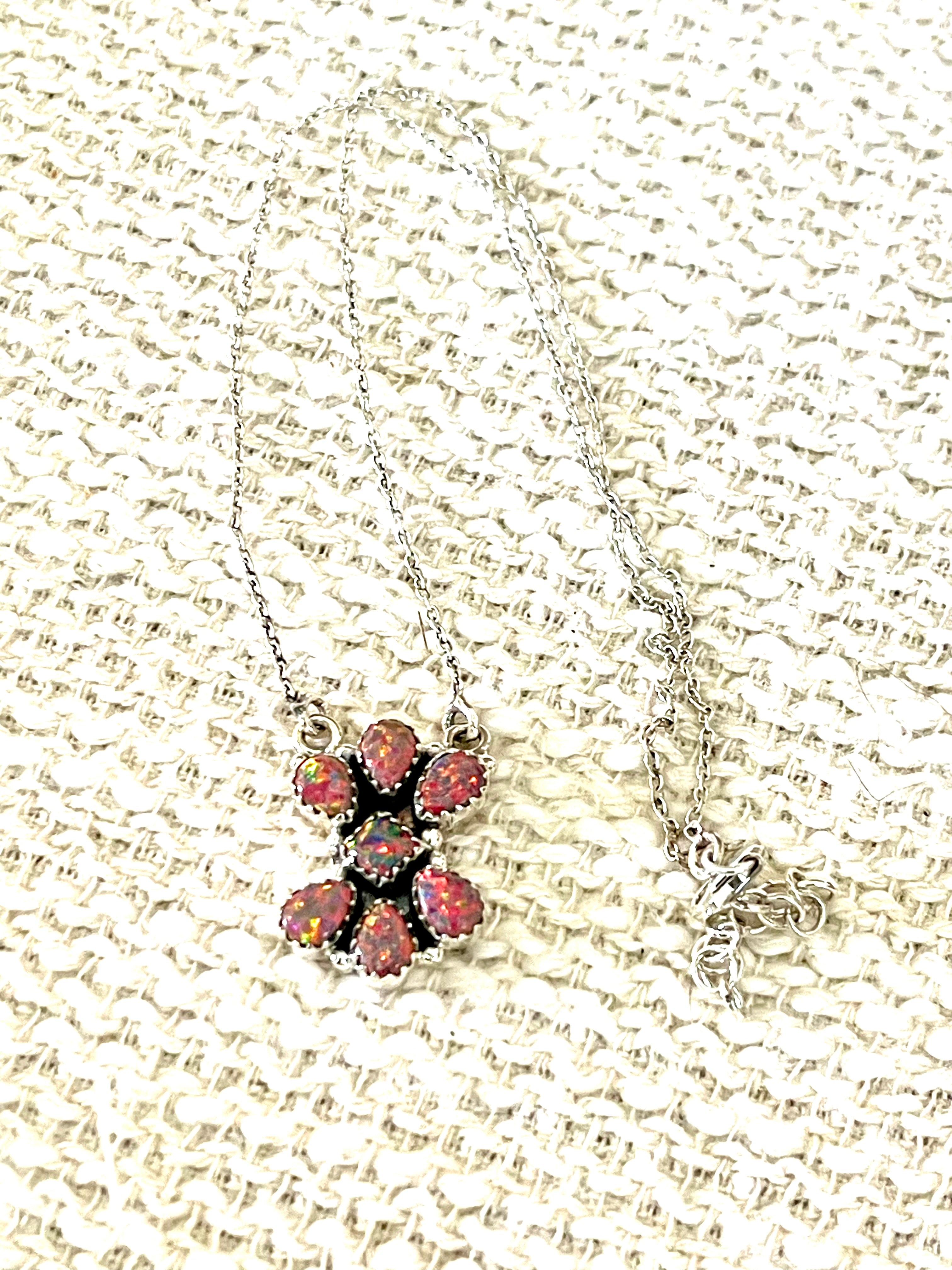 Handcrafted Sterling Silver & Red Fire Opal Cluster Necklace