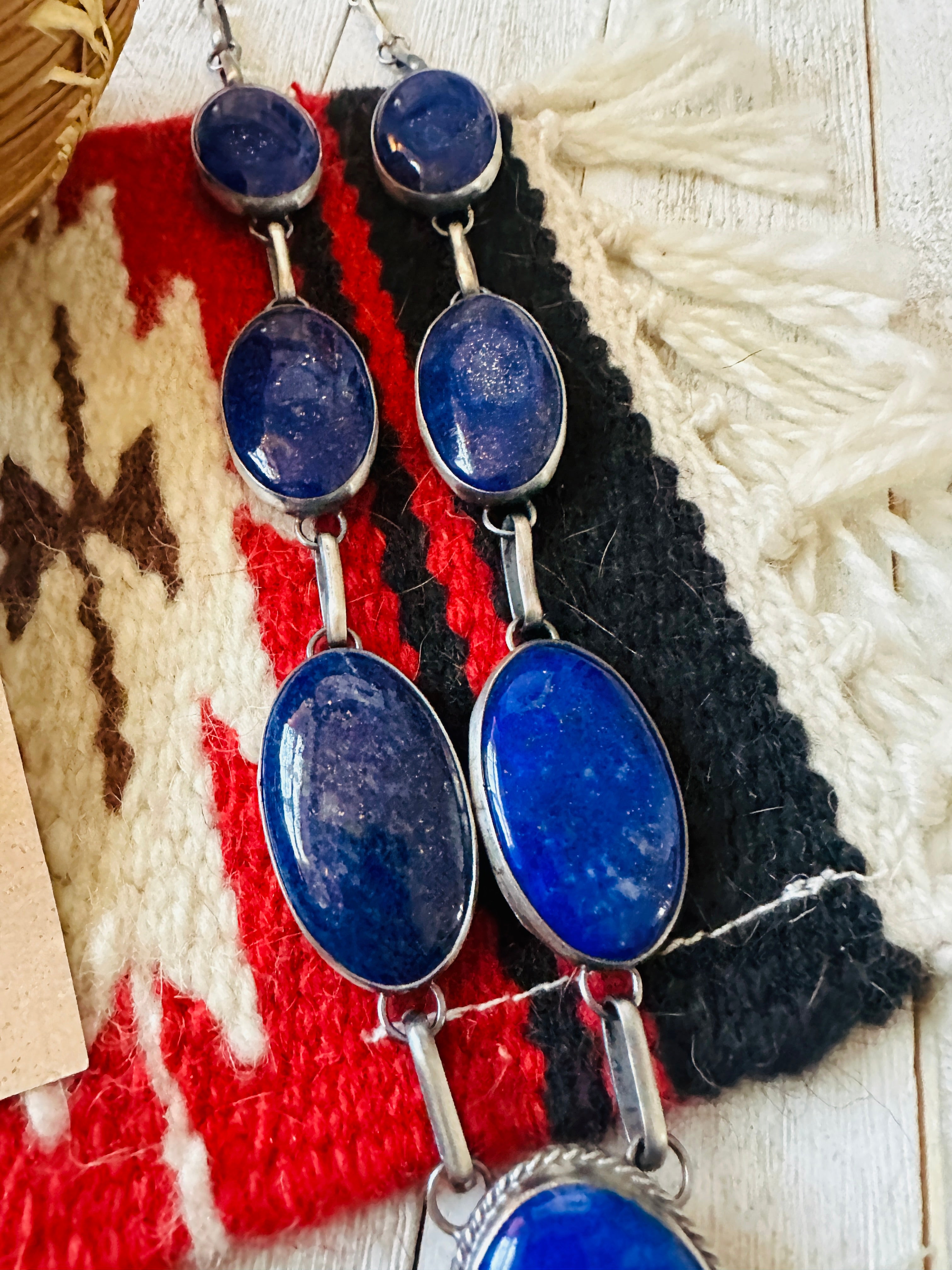 Navajo Lapis & Sterling Silver Cluster Necklace Set by Alex James