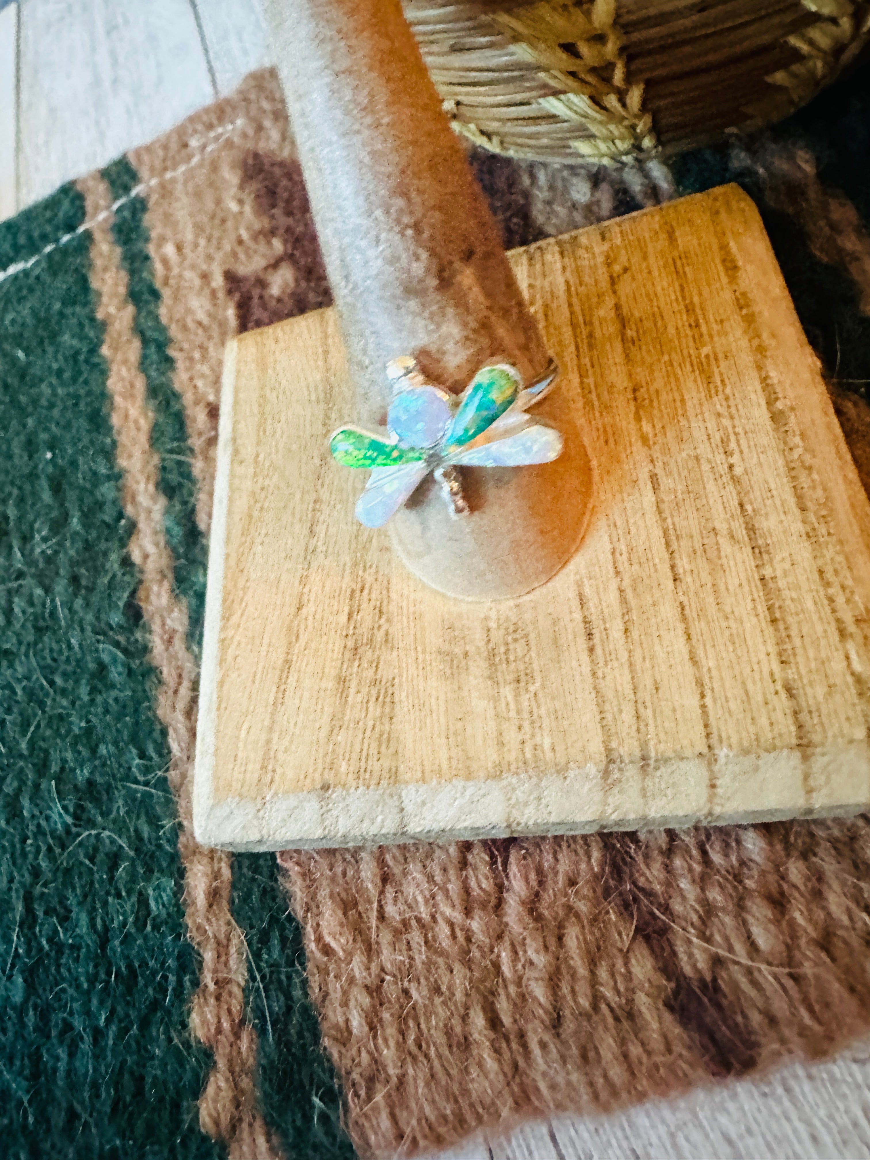 Navajo Sterling Silver, Green & White Opal Dragonfly Ring