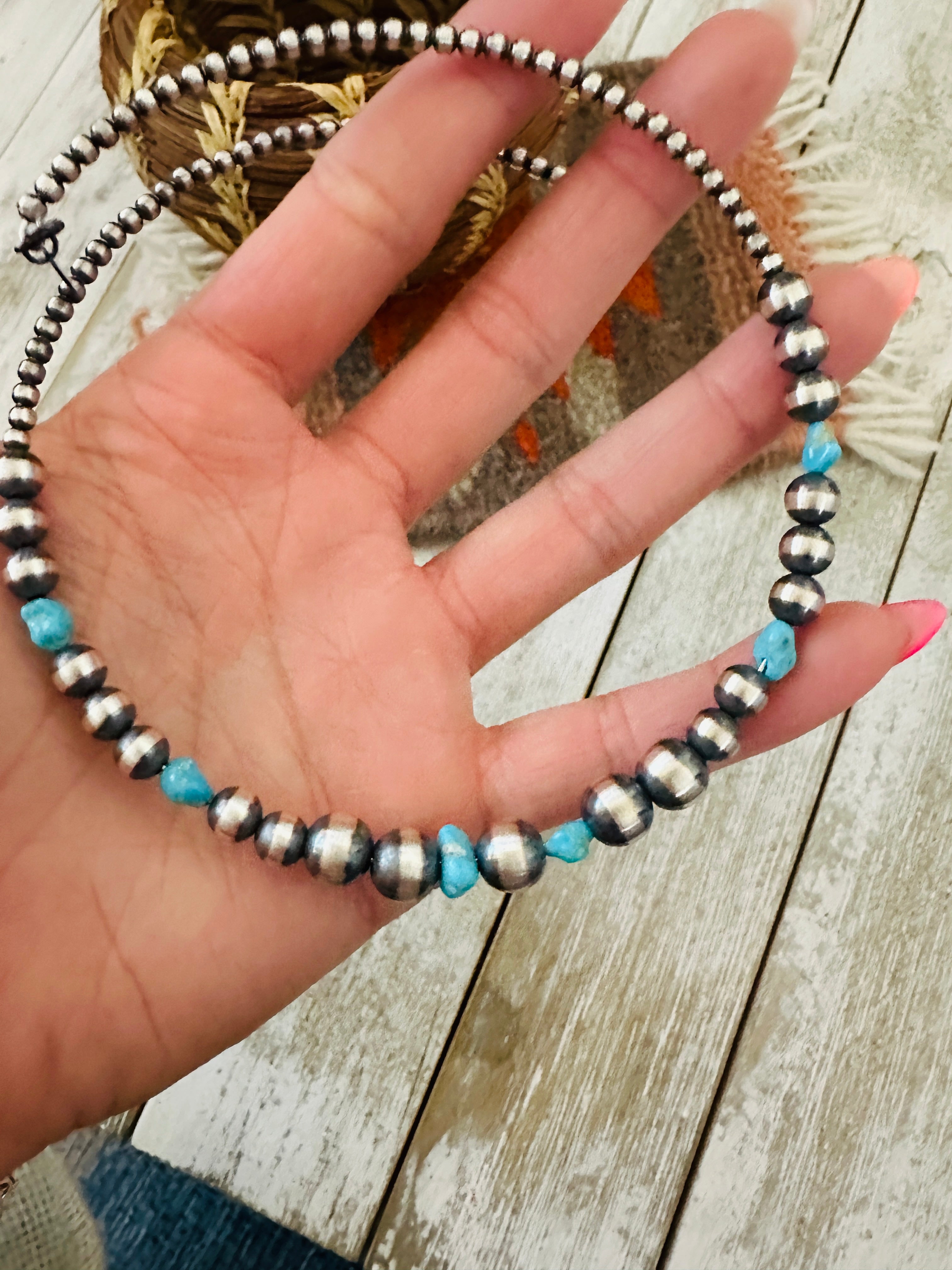 Handcrafted Turquoise & Sterling Silver Beaded Wrap Choker Necklace