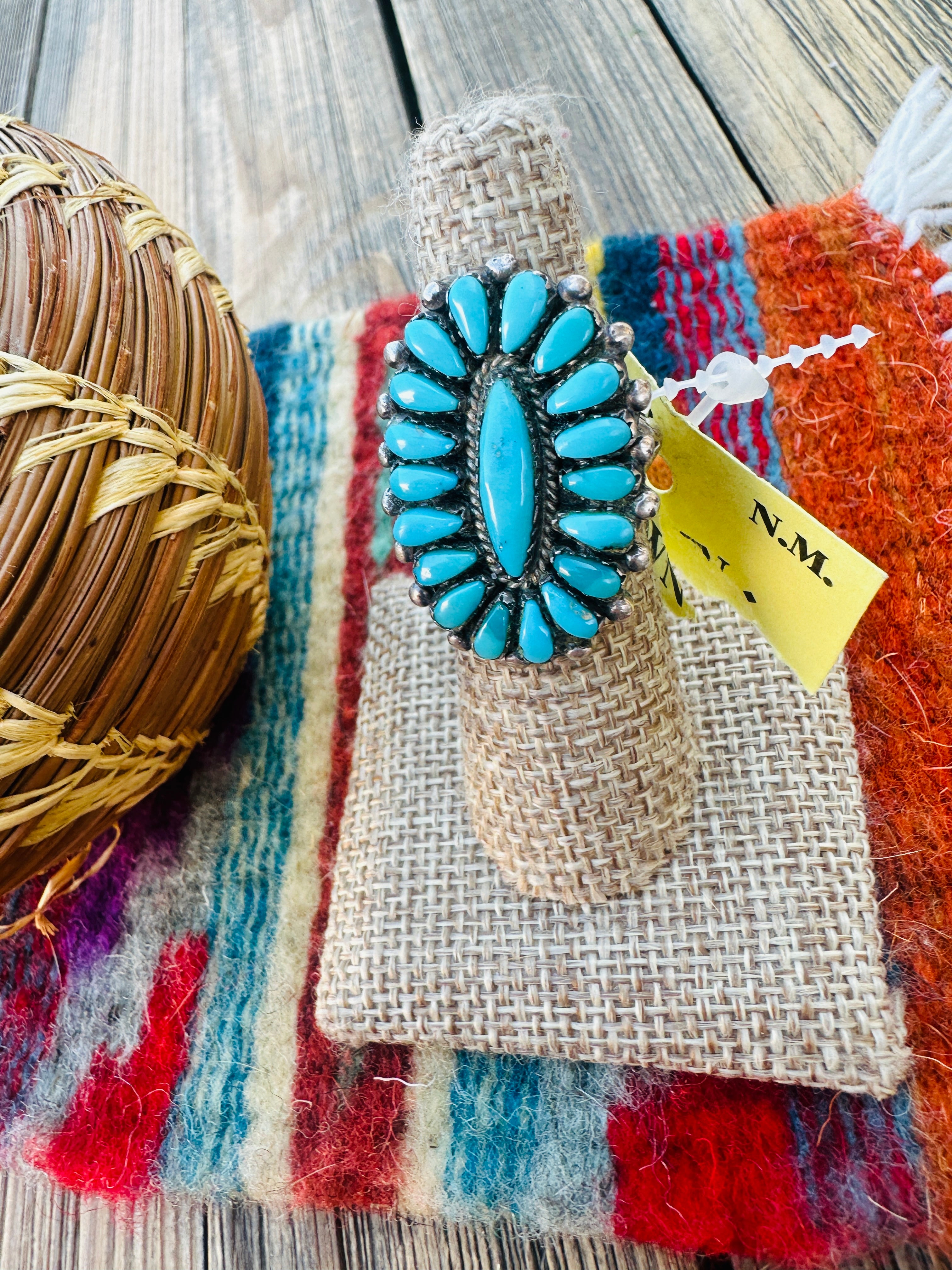 Old Pawn Handcrafted Turquoise & Sterling Silver Cluster Ring Size 7