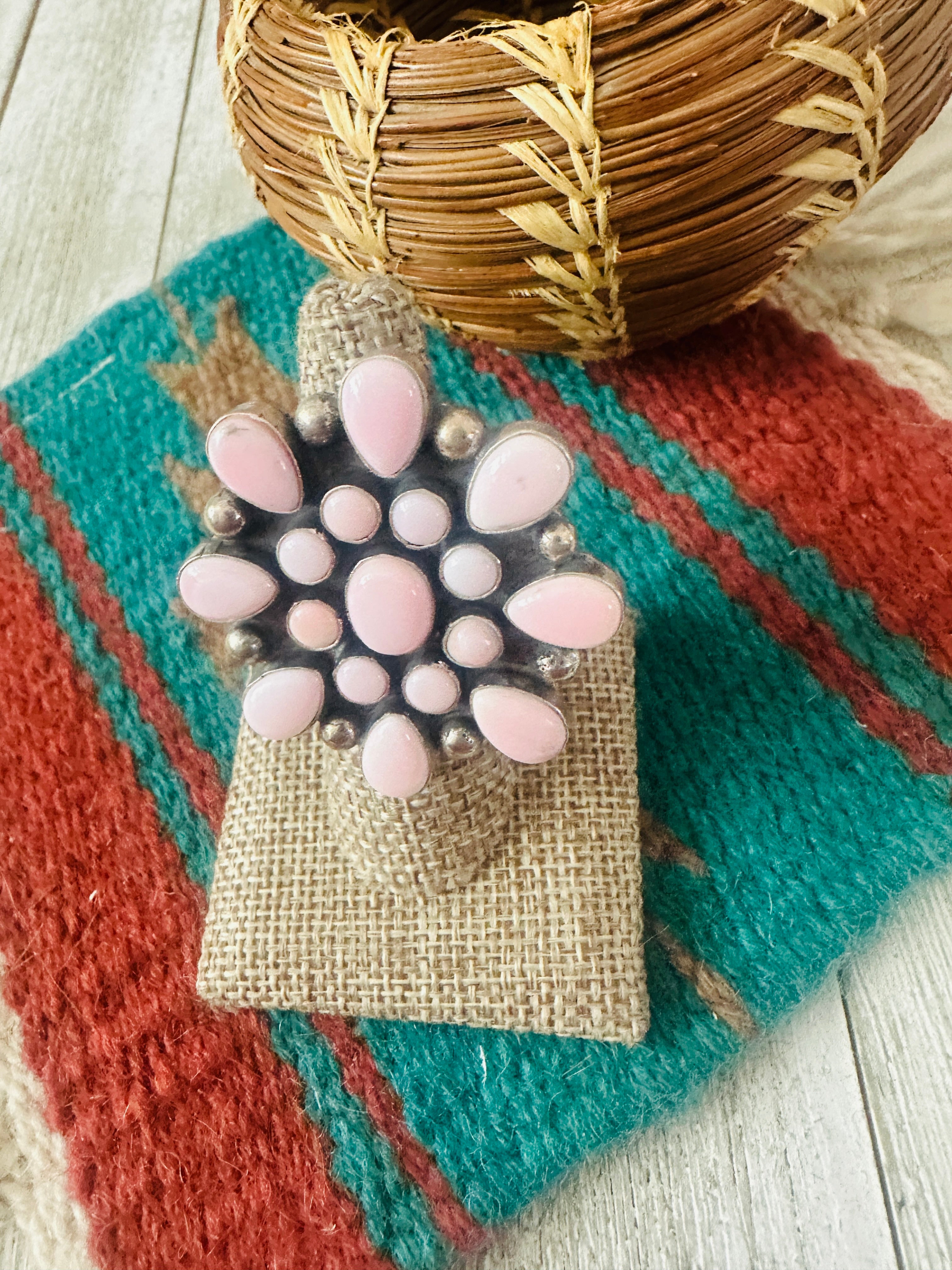 Handcrafted Sterling Silver & Queen Pink Conch Cluster Adjustable Ring