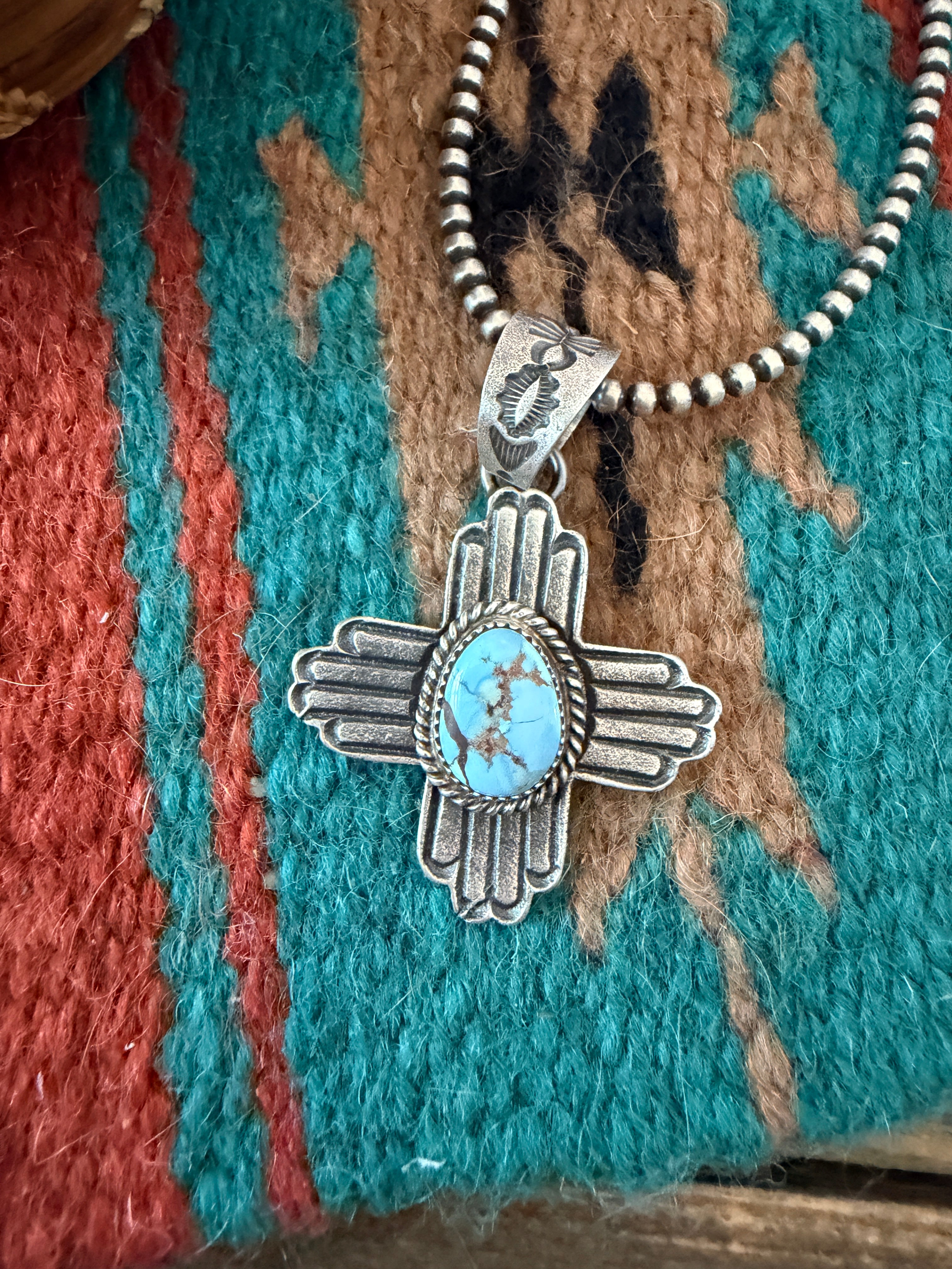 Handcrafted Sterling Silver & Golden Hills Turquoise Cross Pendant by Kevin Billah