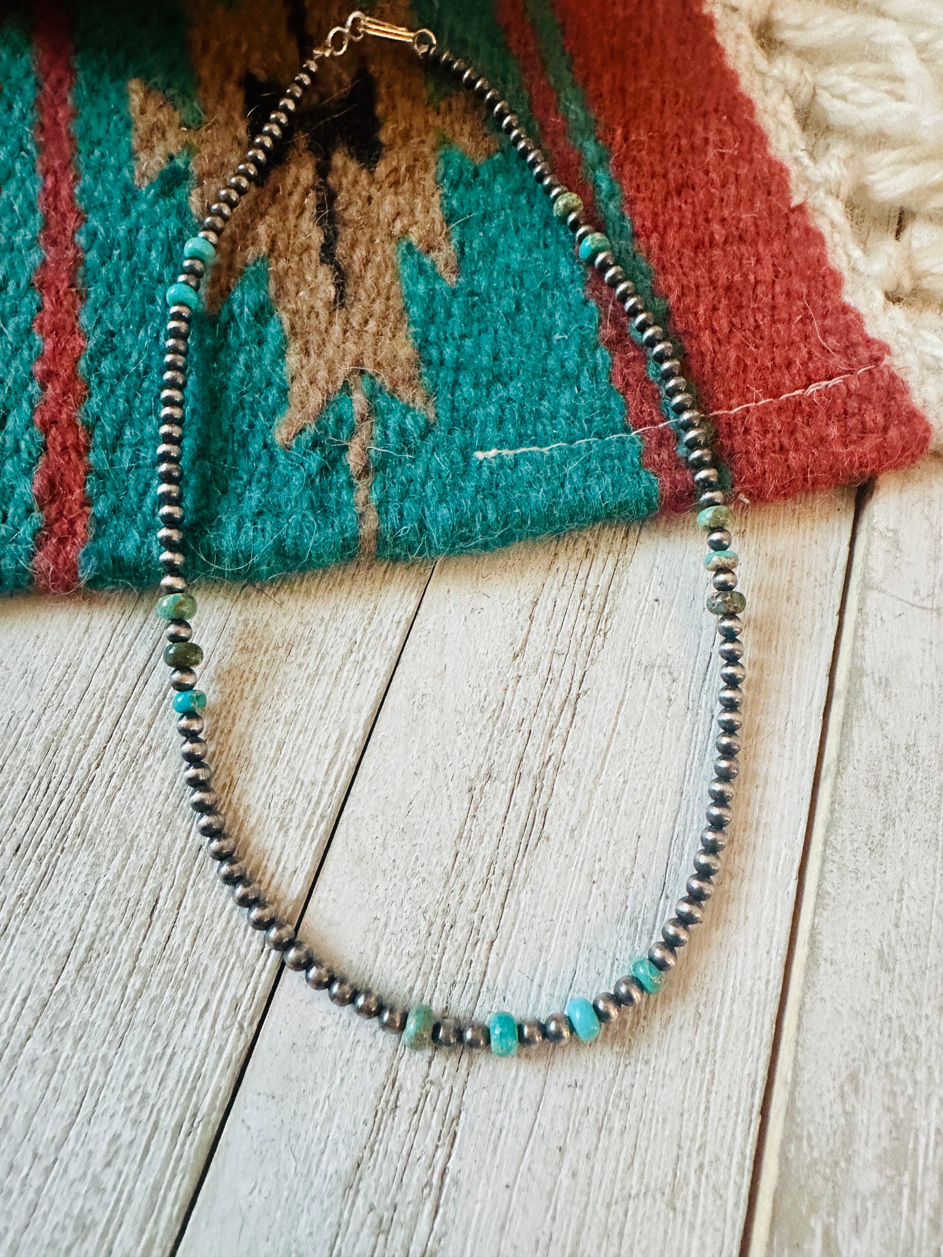 Navajo Turquoise & Sterling Silver 14” Beaded Necklace