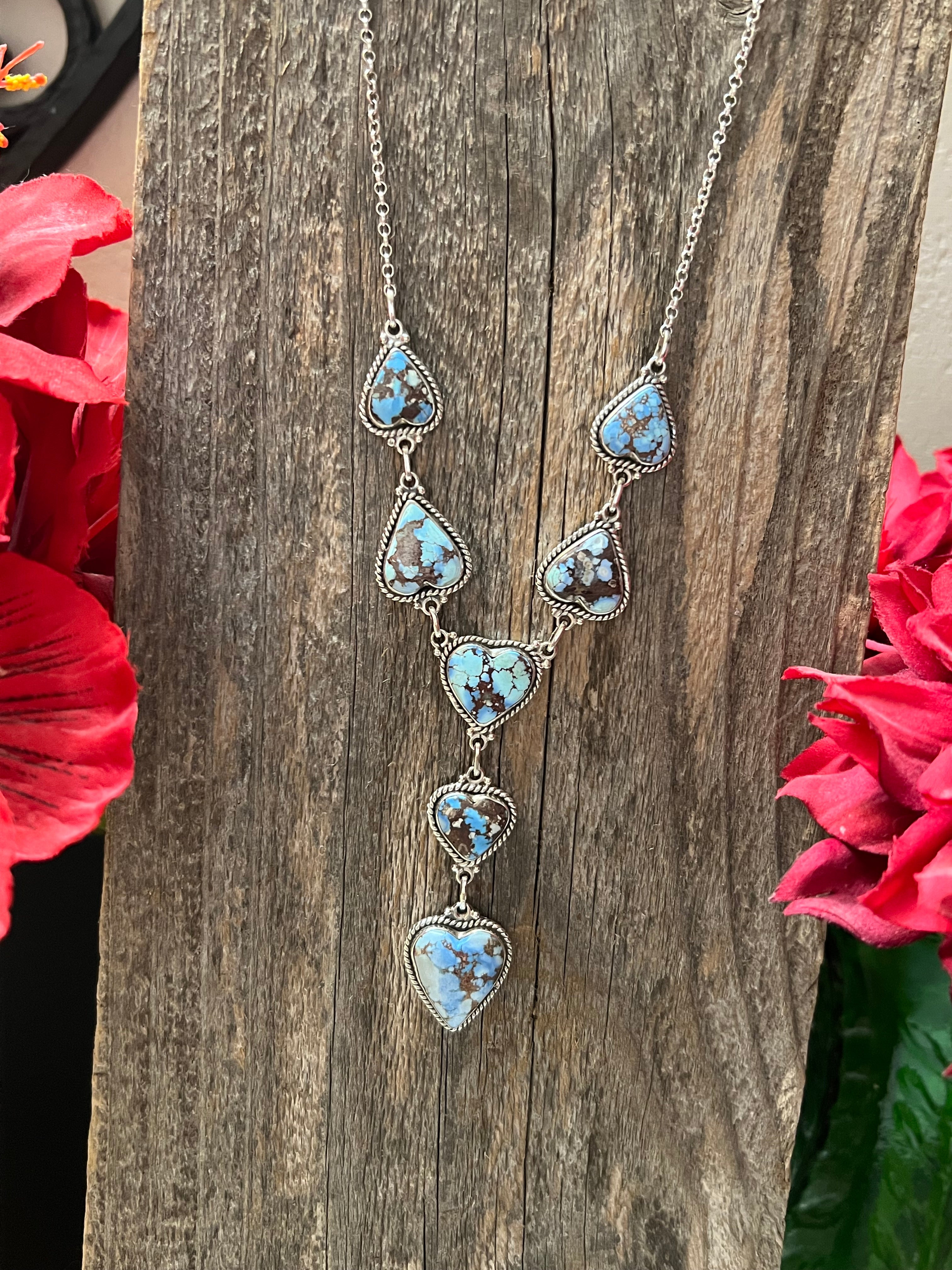 Handmade Sterling Silver & Golden Hills Turquoise 7 Heart Lariat Necklace