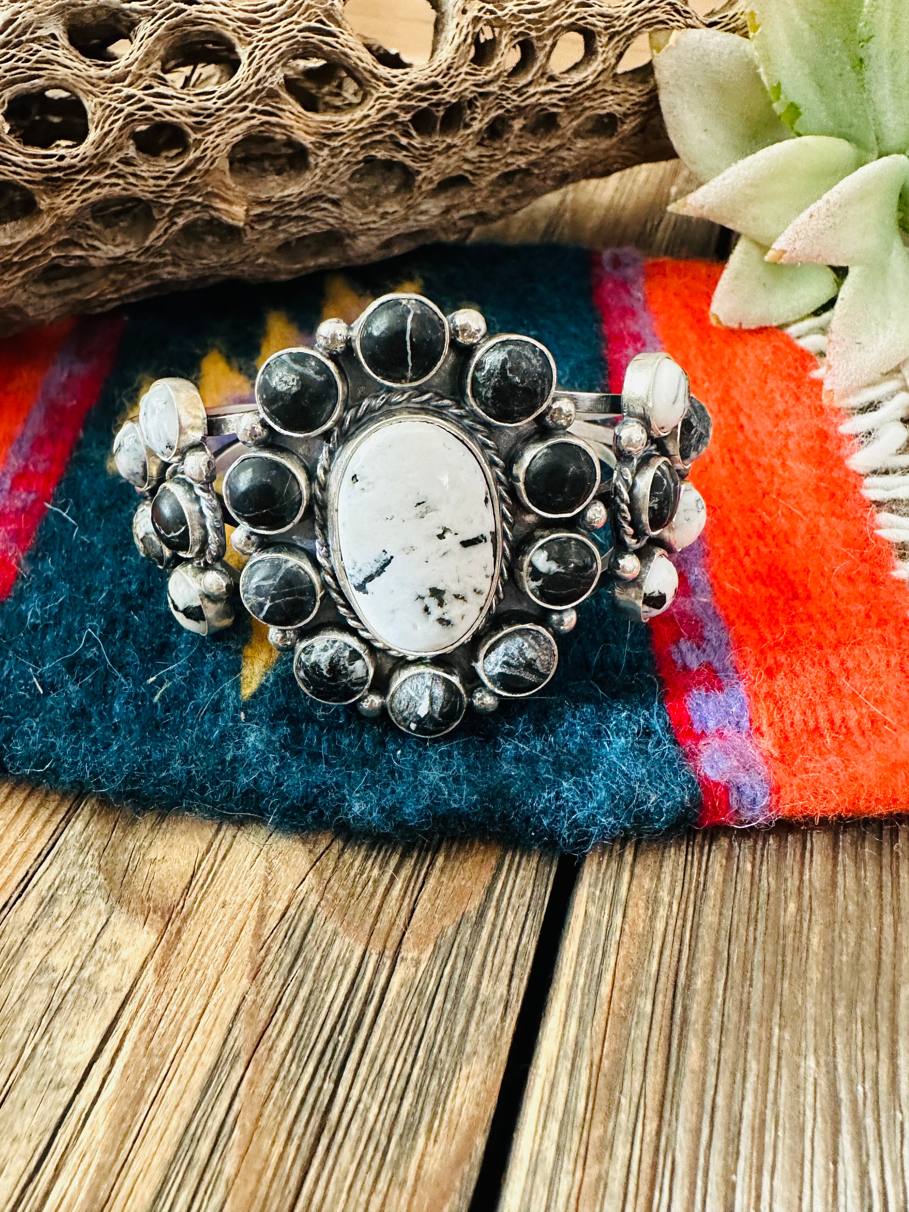 Navajo White Buffalo & Sterling Silver Cluster Cuff Bracelet