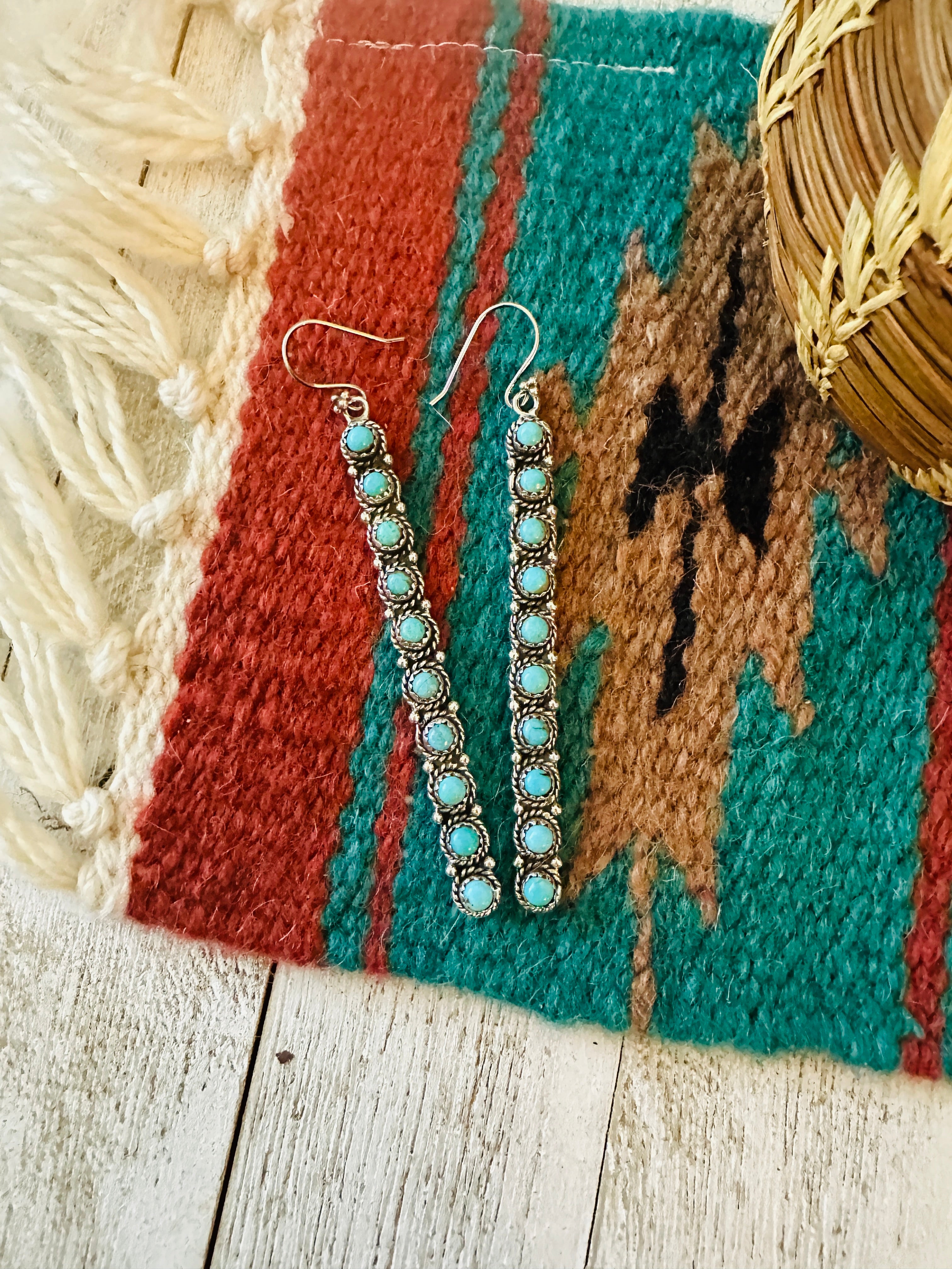 Handmade Turquoise & Sterling Silver Straight Wire Dangle Earrings Signed Nizhoni