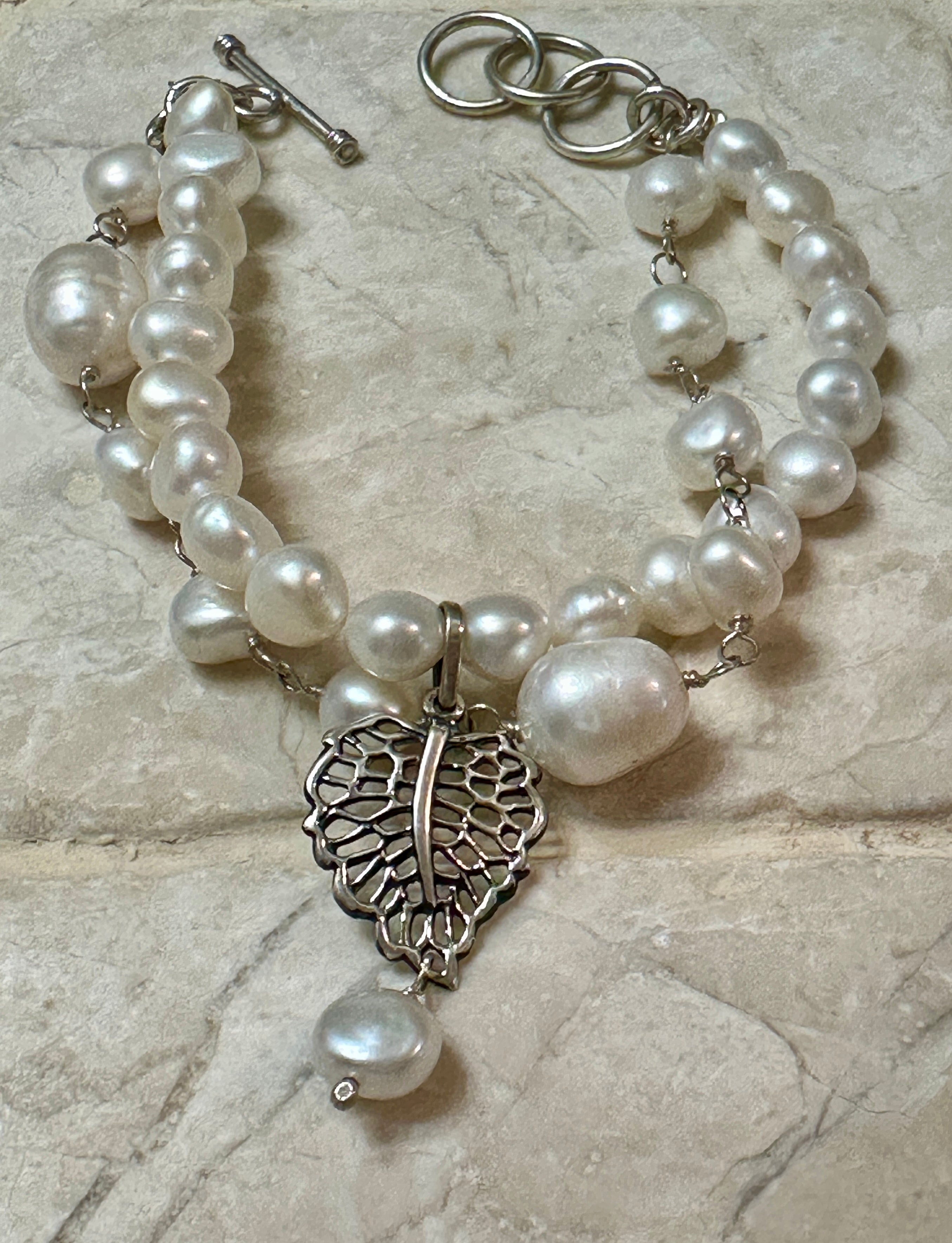 Pearl Bracelet with Leaf Dangle Sterling Silver
