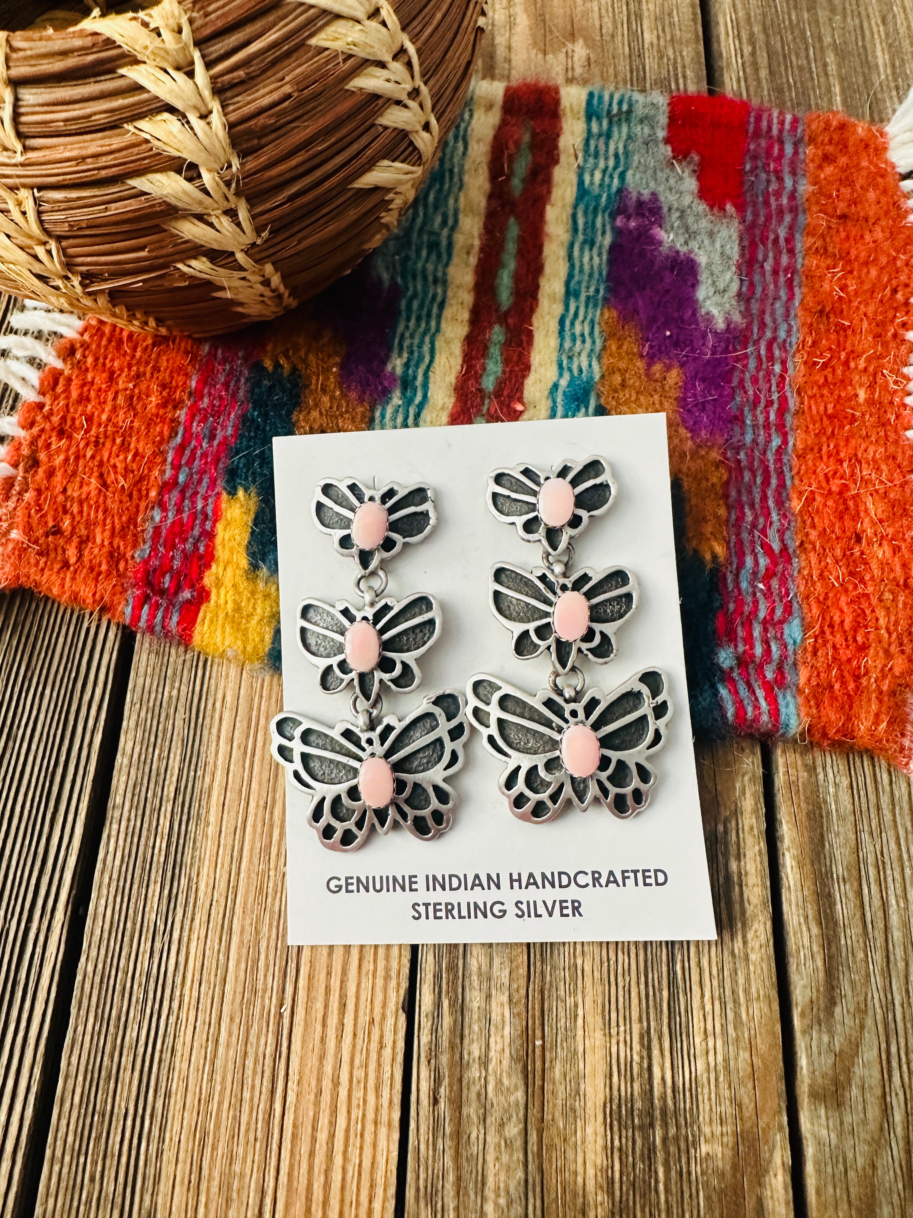 Handcrafted Queen Pink Conch & Sterling Silver Butterfly Dangle Earrings