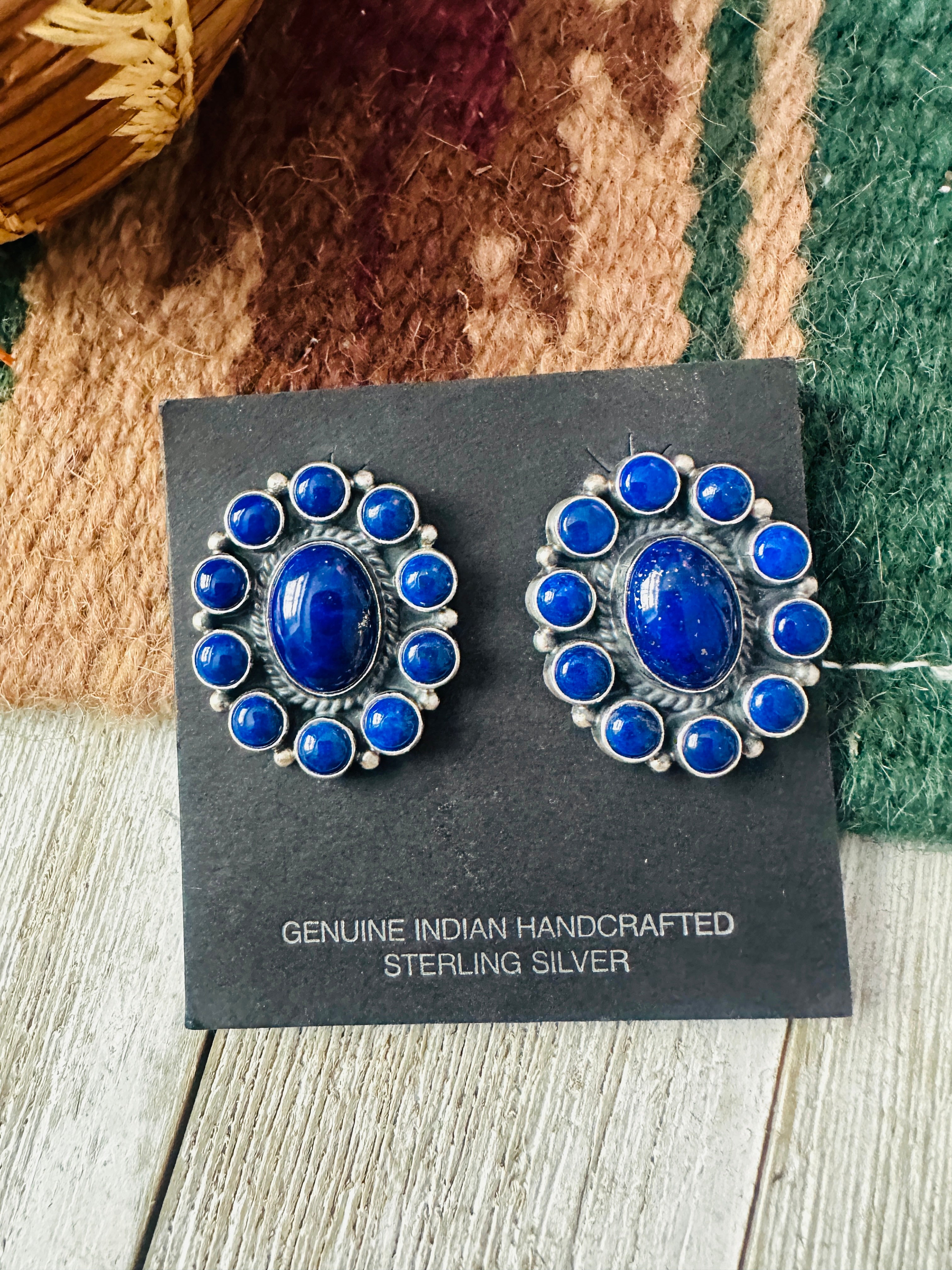 Handcrafted Old Pawn Lapis and Sterling Silver Cluster Clip On Earrings
