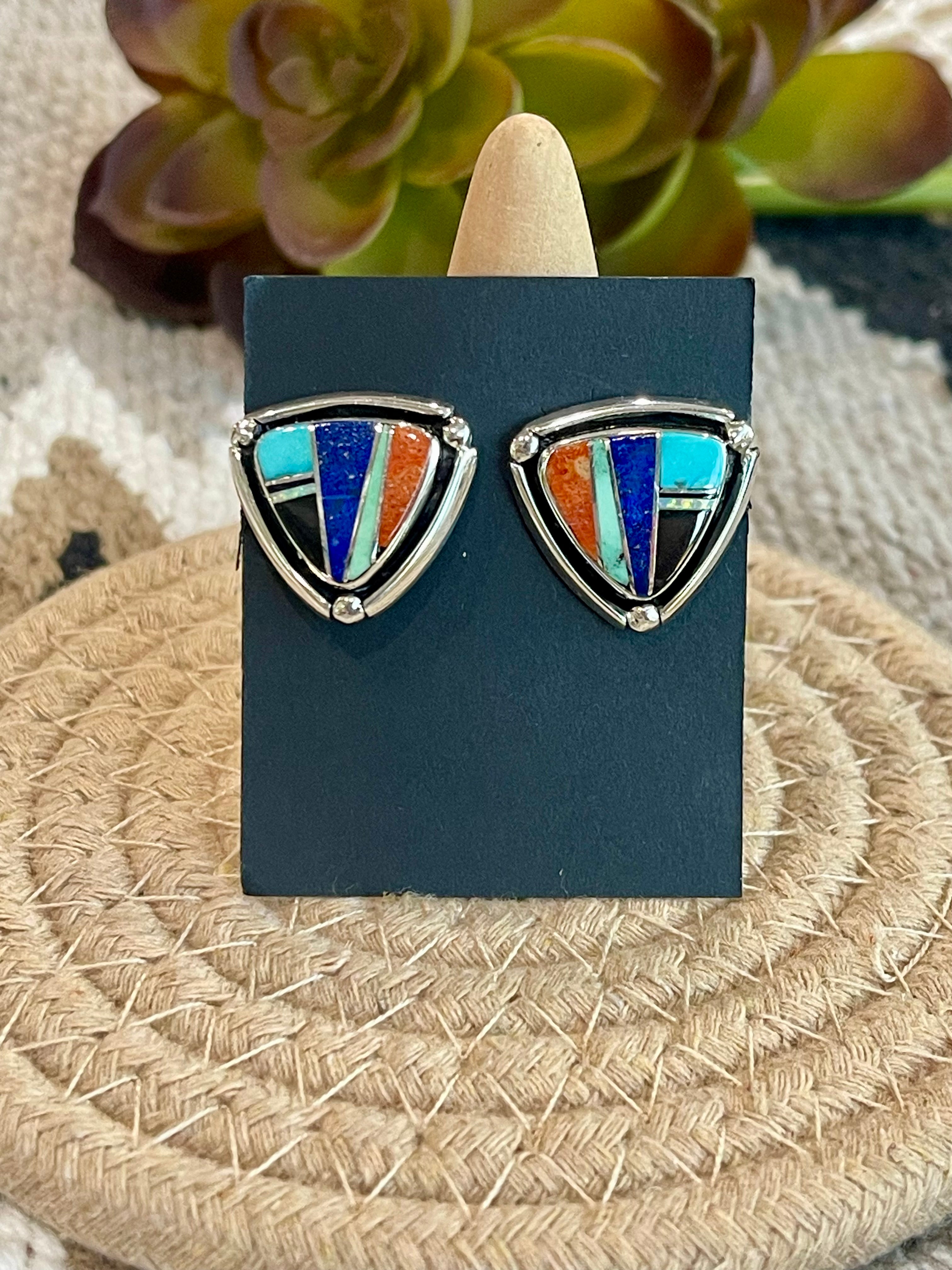 Navajo Multi Stone & Sterling Silver Inlay Post Earrings