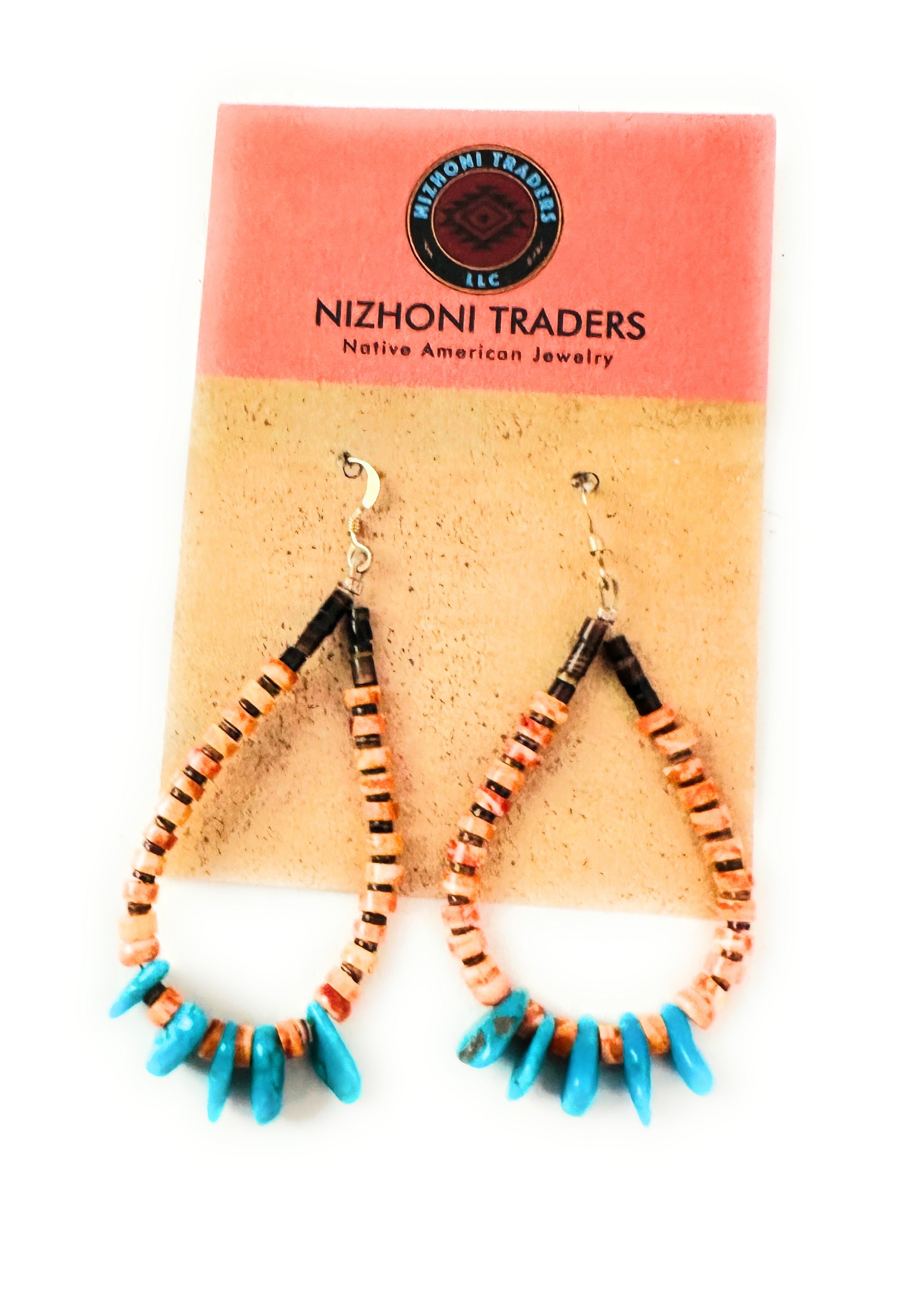 Navajo Turquoise, Spiny & Heishi Beaded Hoop Earrings