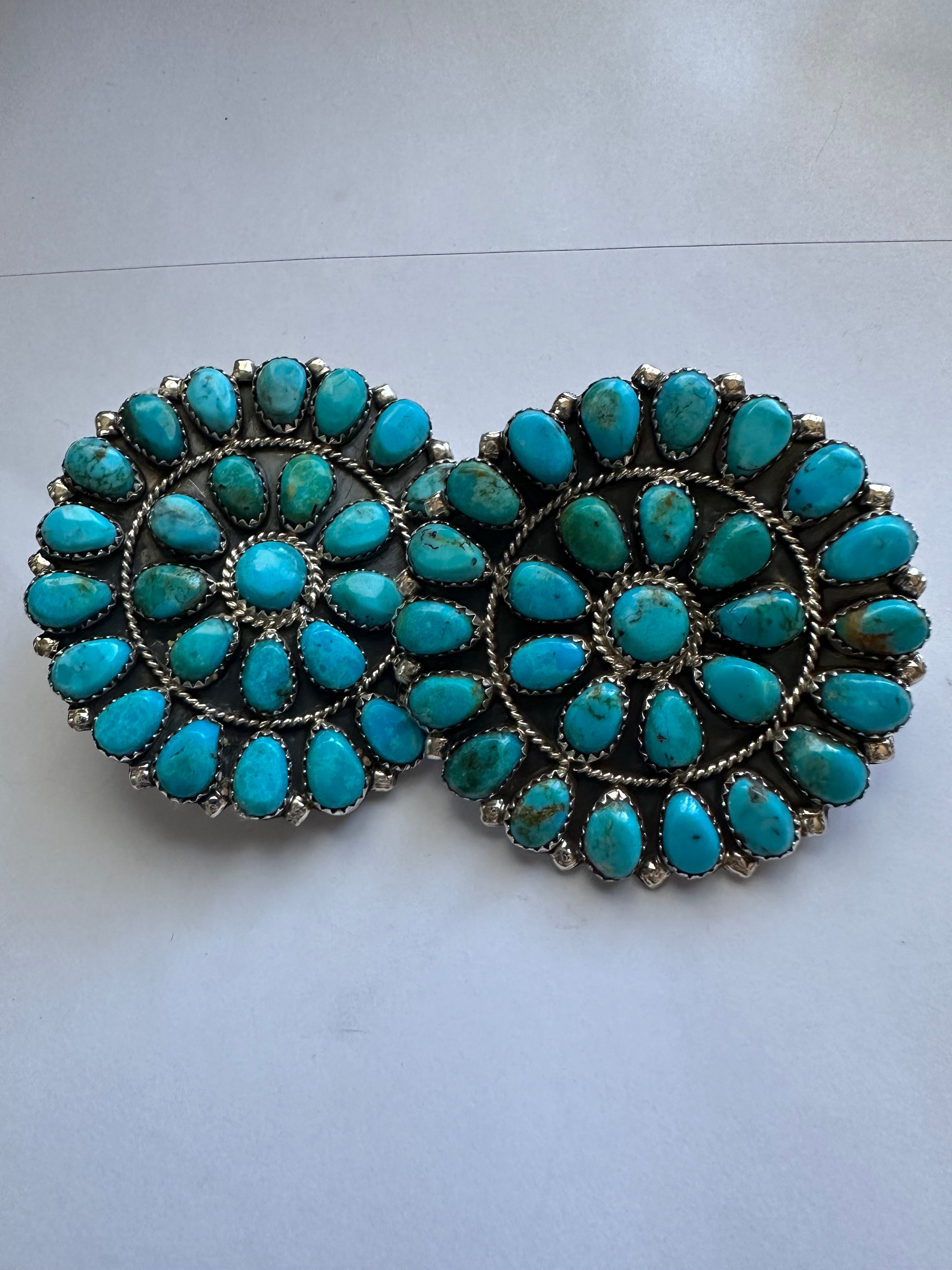 Navajo Sterling Silver & Kingman Turquoise Cluster Earrings Signed