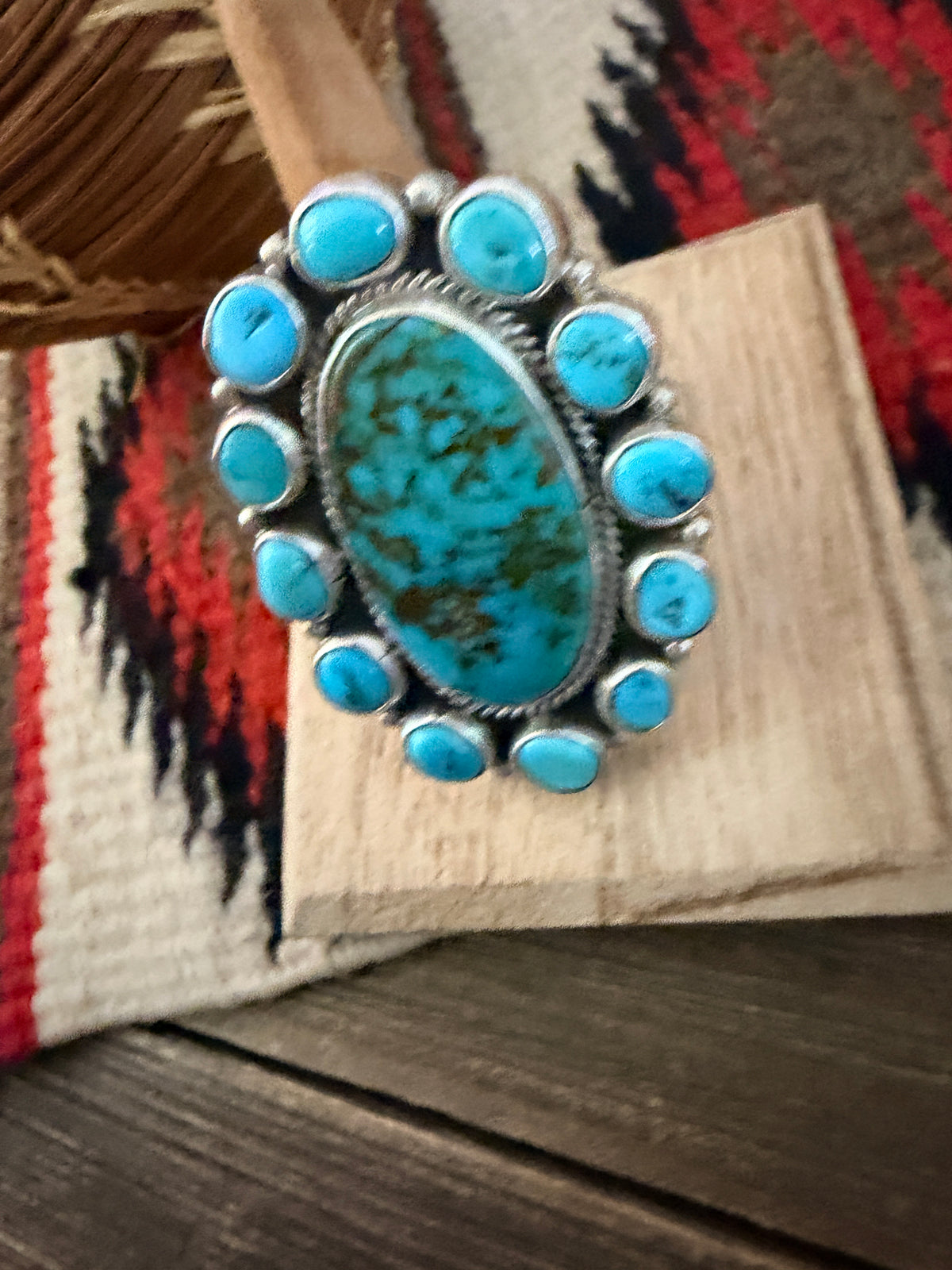 Handcrafted Kingman Turquoise & Sterling Silver Cluster Adjustable Ring by Aaron David