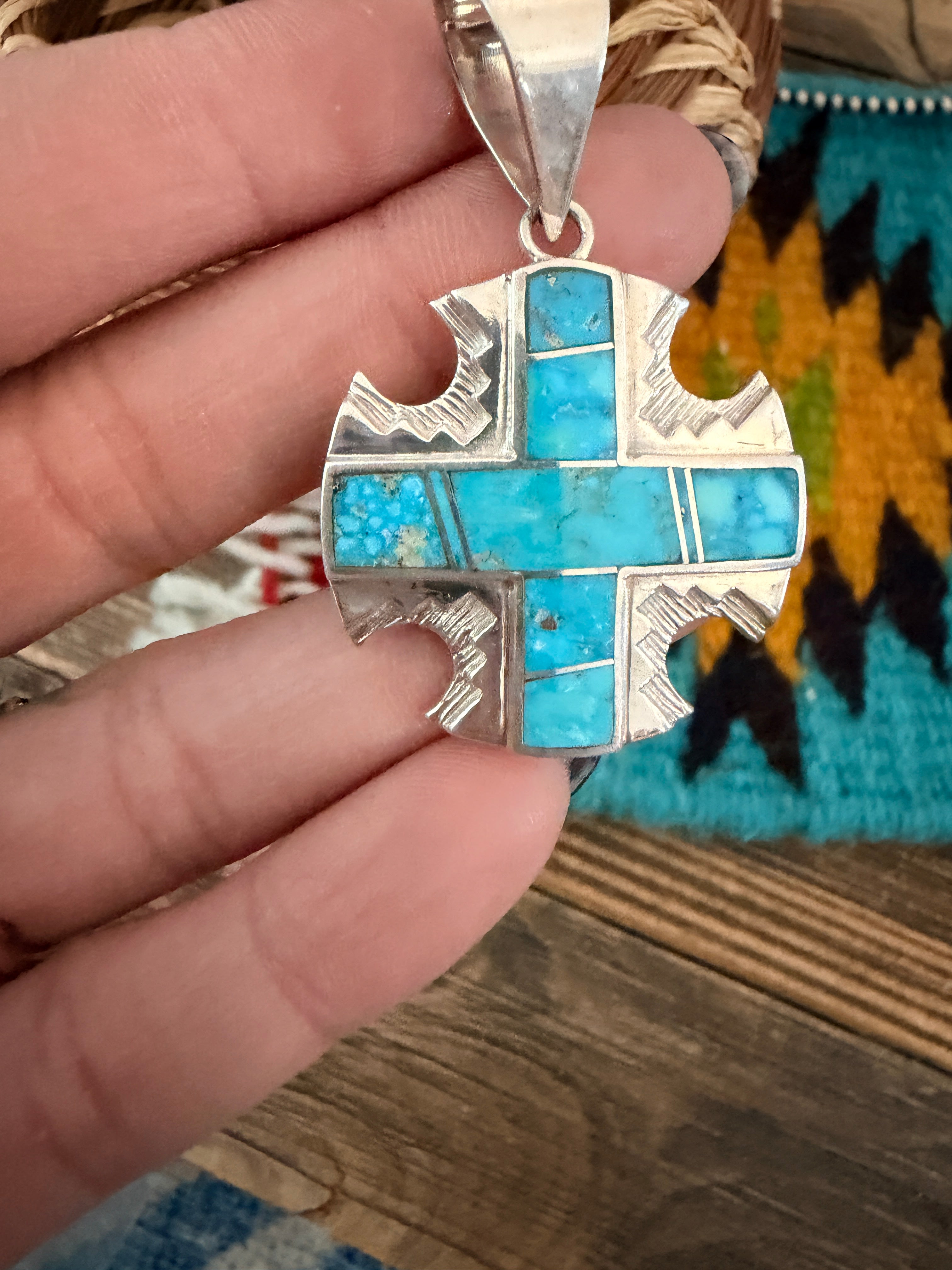 Old Pawn Handcrafted Turquoise and Sterling Silver Cross Pendant