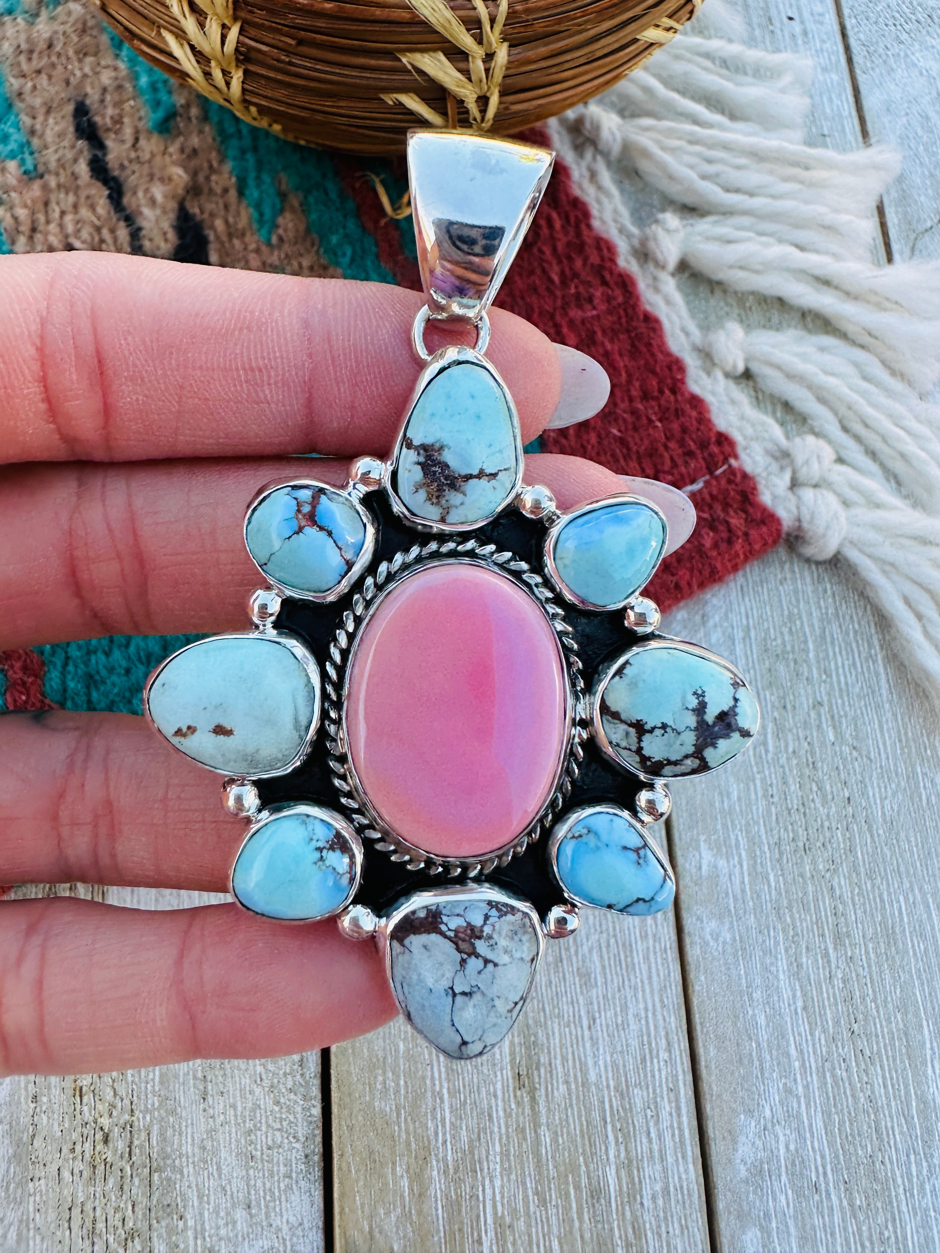 Handcrafted Sterling Silver, Turquoise & Queen Pink Conch Pendant
