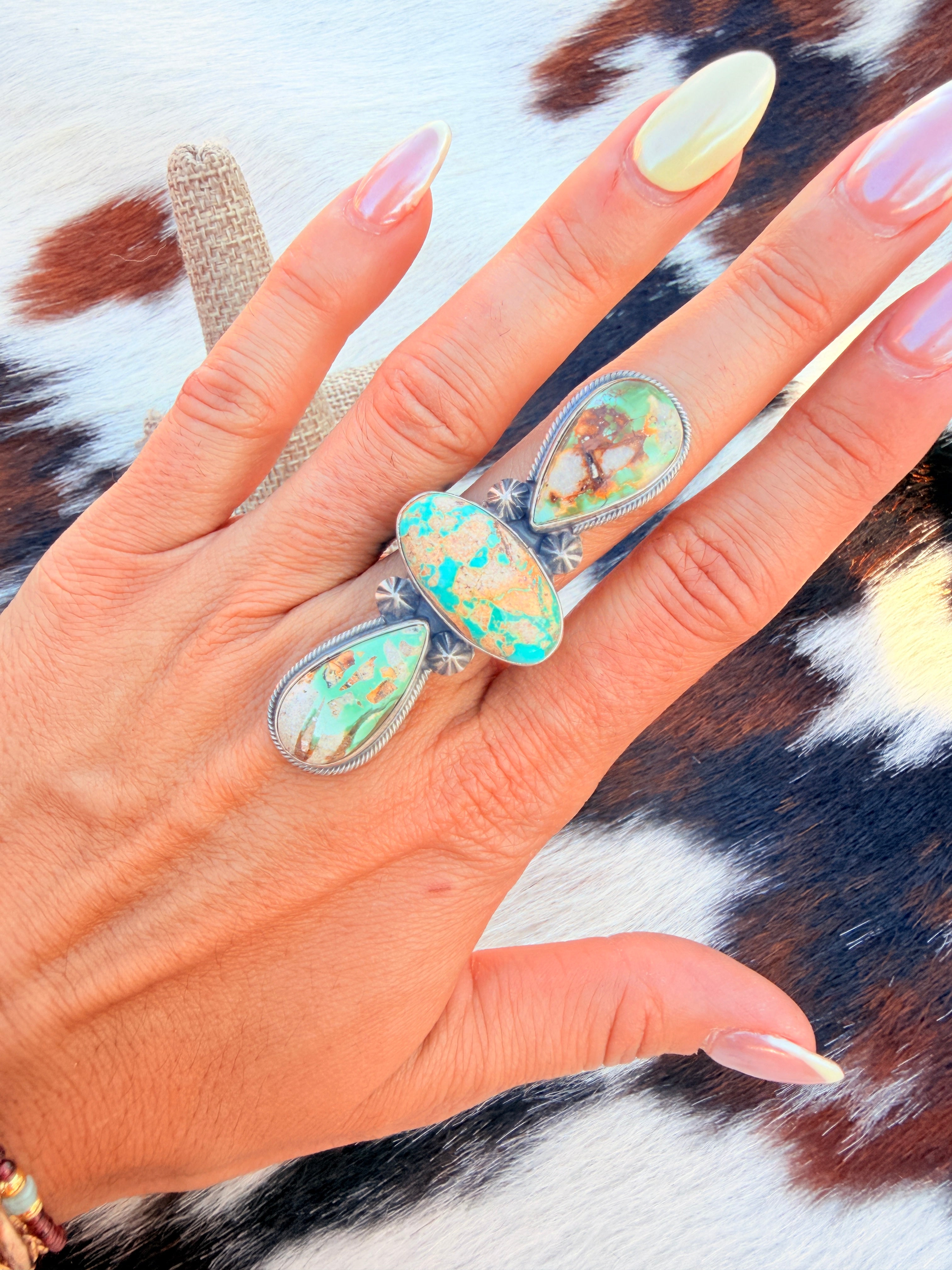 Handcrafted Royston Turquoise & Sterling Silver Cluster Ring Size 9 by Darrin Livingston