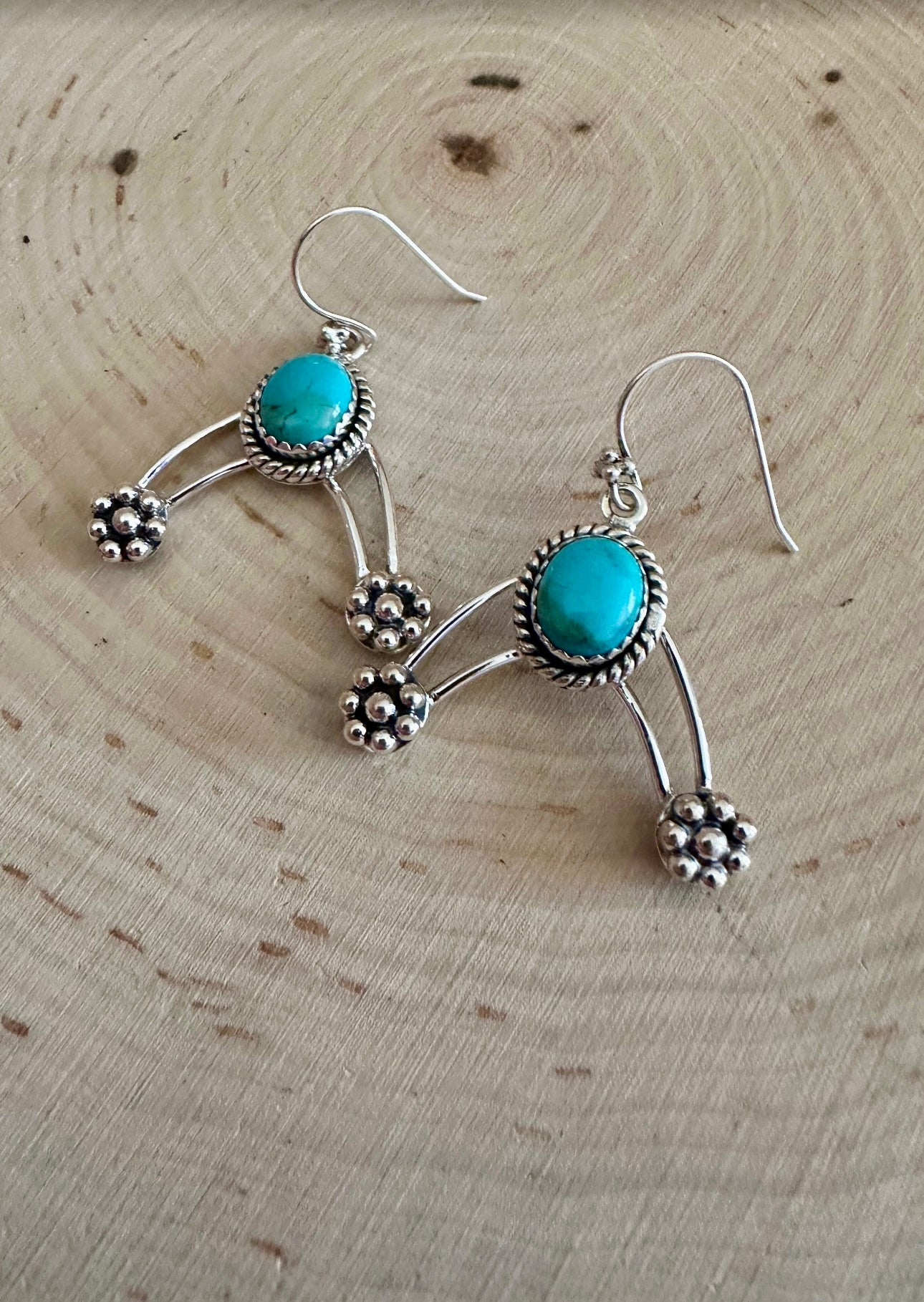 Gorgeous Natural Turquoise and Sterling Silver Wire Dangles Signed Nizhoni