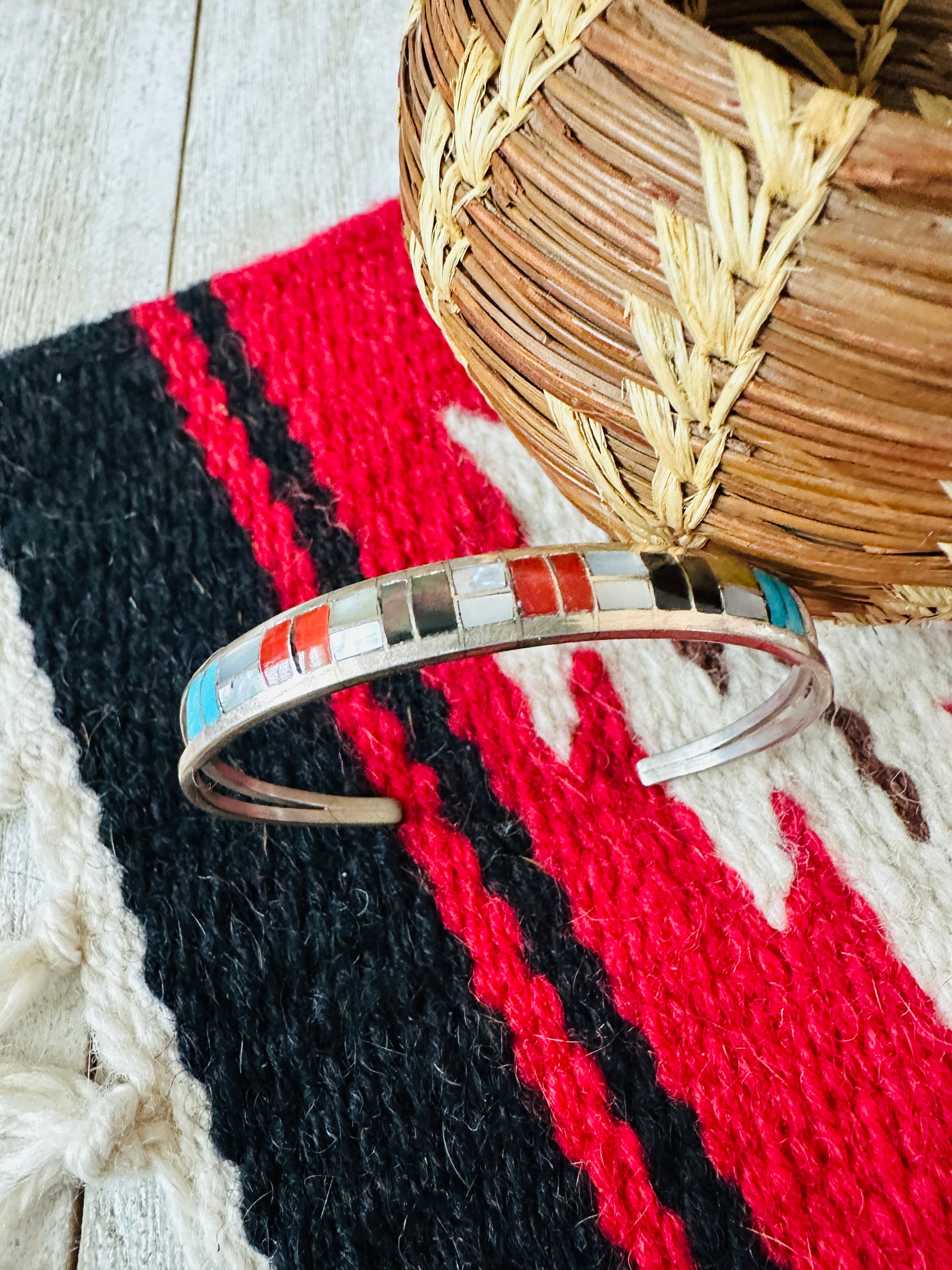 Handcrafted Multi Stone & Sterling Silver Inlay Cuff Bracelet