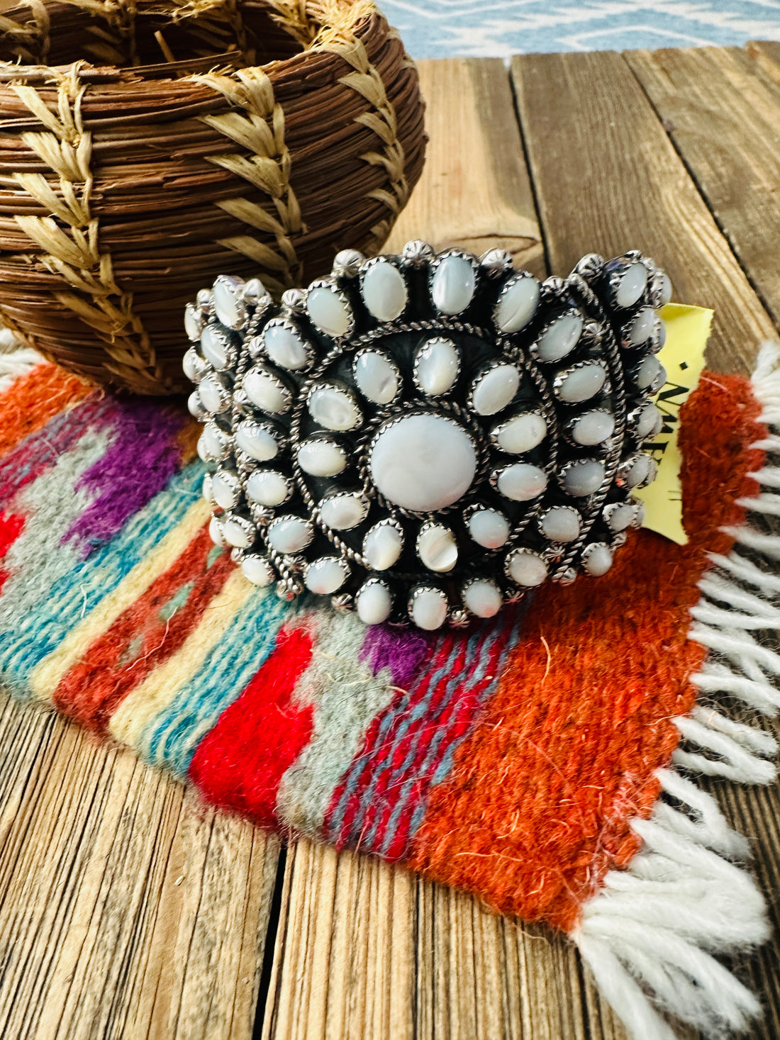 Handcrafted Old Pawn Sterling Silver & Mother of Pearl Cuff Bracelet