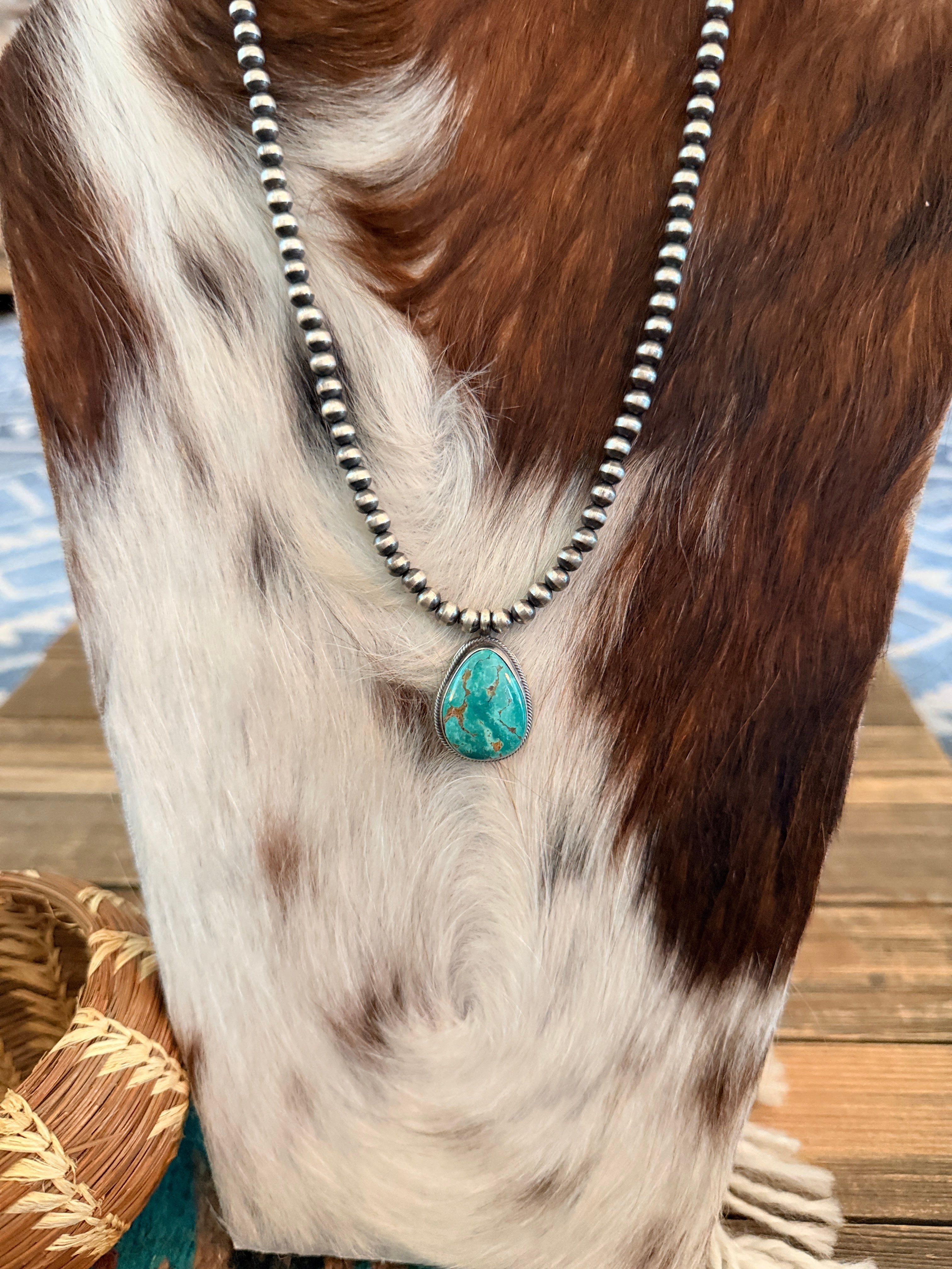 Handcrafted Turquoise & 5mm Sterling Silver Pearl 18” Beaded Necklace