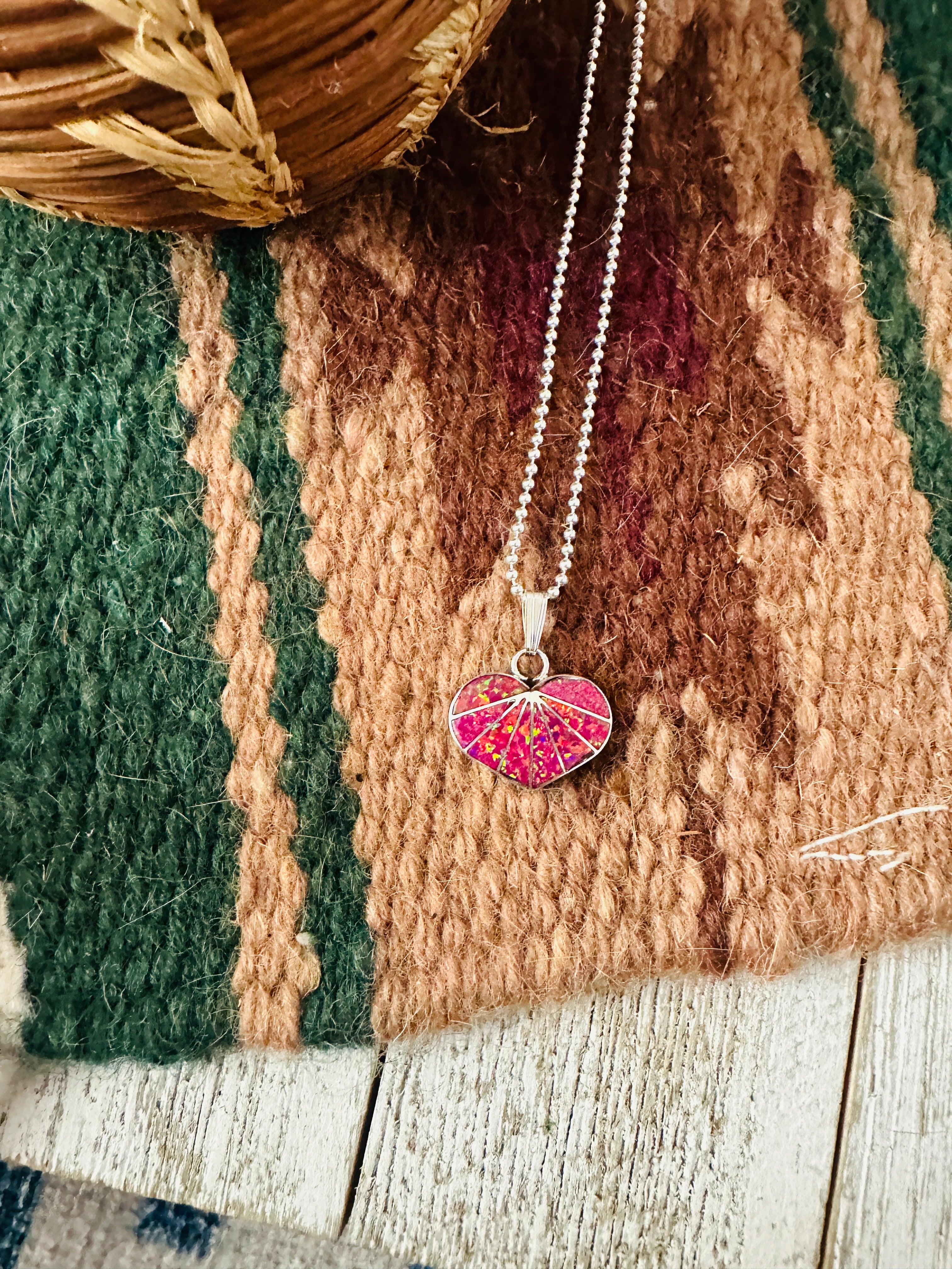 Handcrafted Hot Pink Opal & Sterling Silver Inlay Heart Pendant