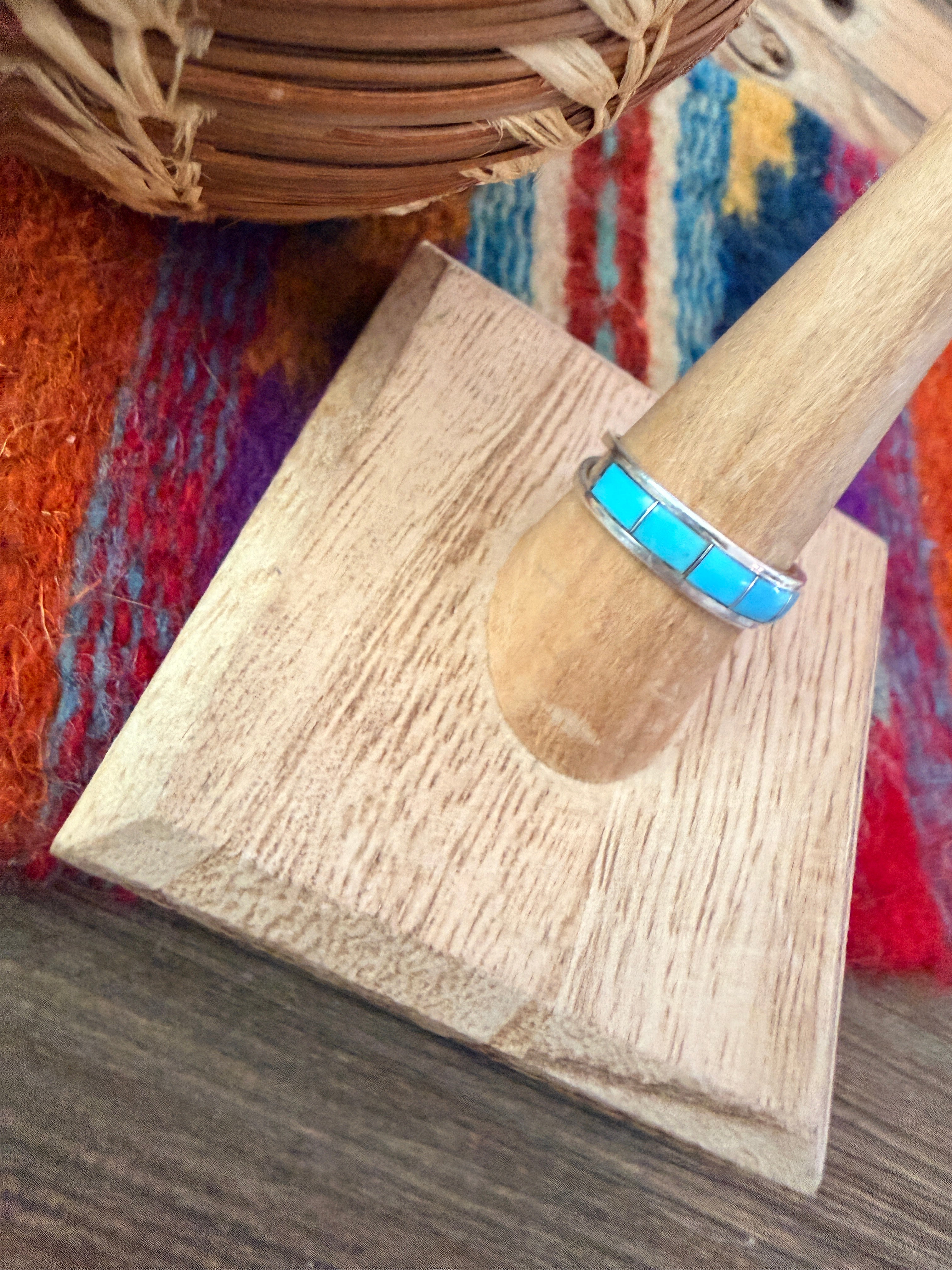 Old Pawn Handcrafted Turquoise & Sterling Silver Inlay Band Ring Size 8.25