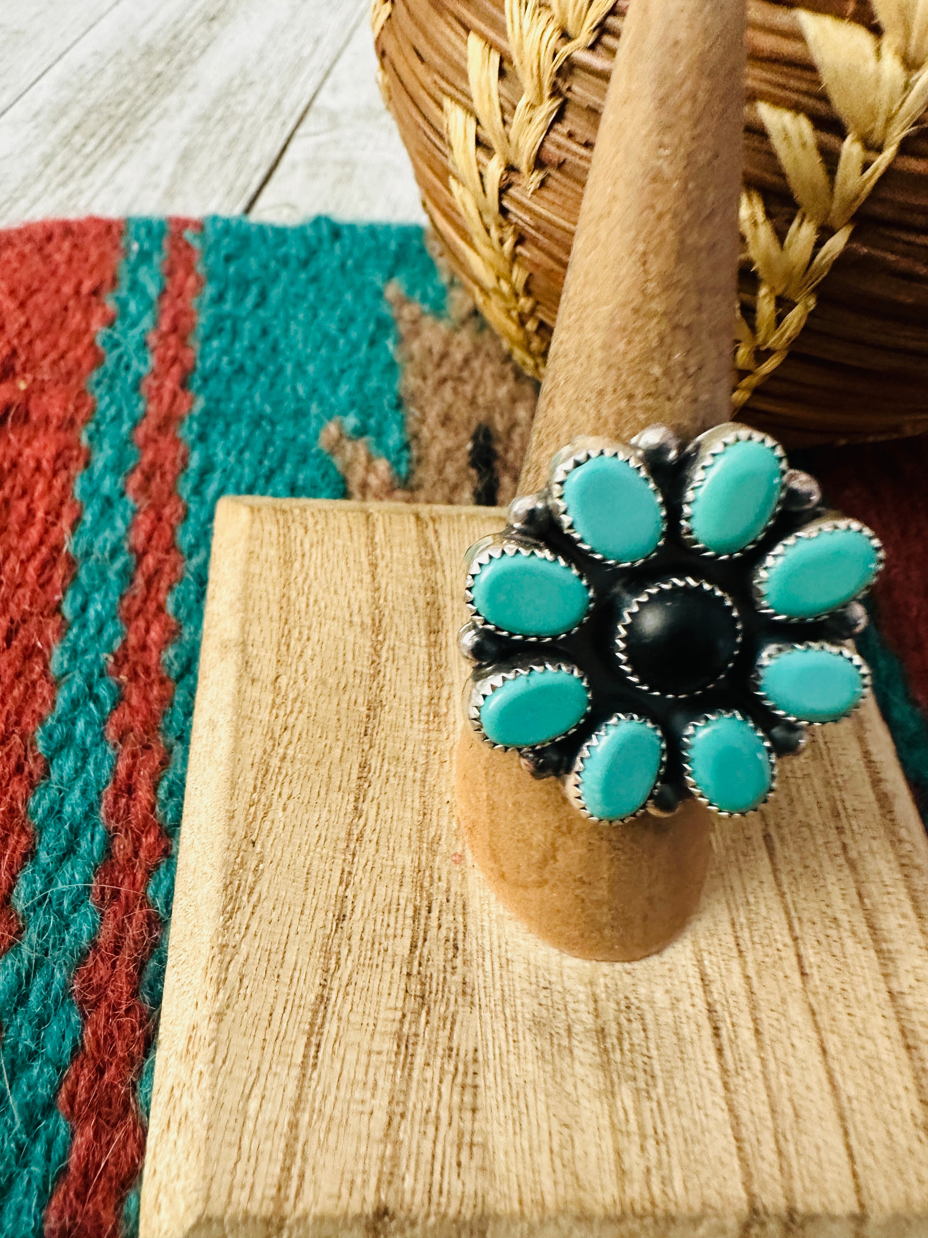 Navajo Sterling Silver, Turquoise & Onyx Cluster Ring Size 8