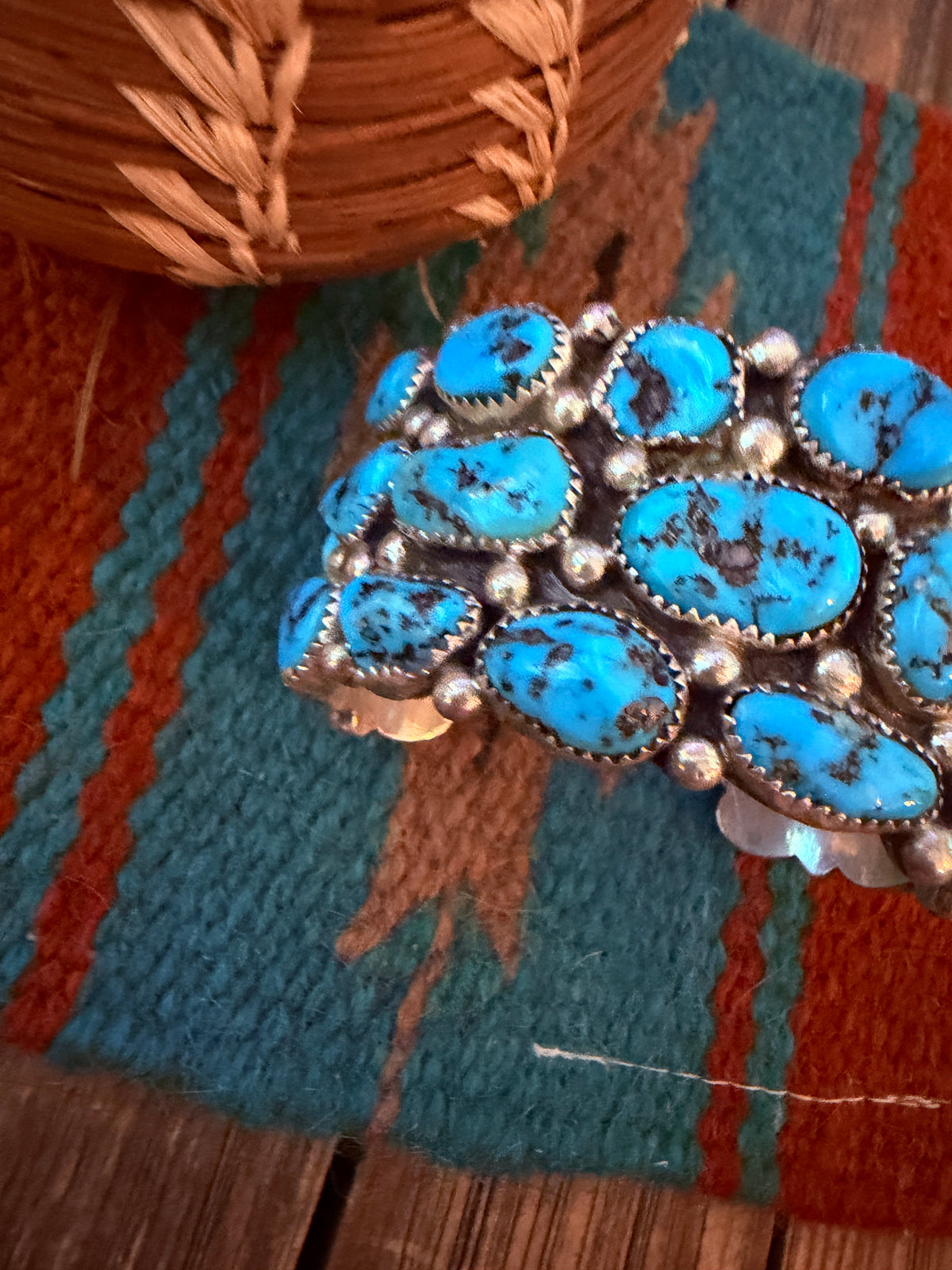 Handcrafted Old Pawn Sterling Silver & Kingman Turquoise Cluster Cuff Bracelet