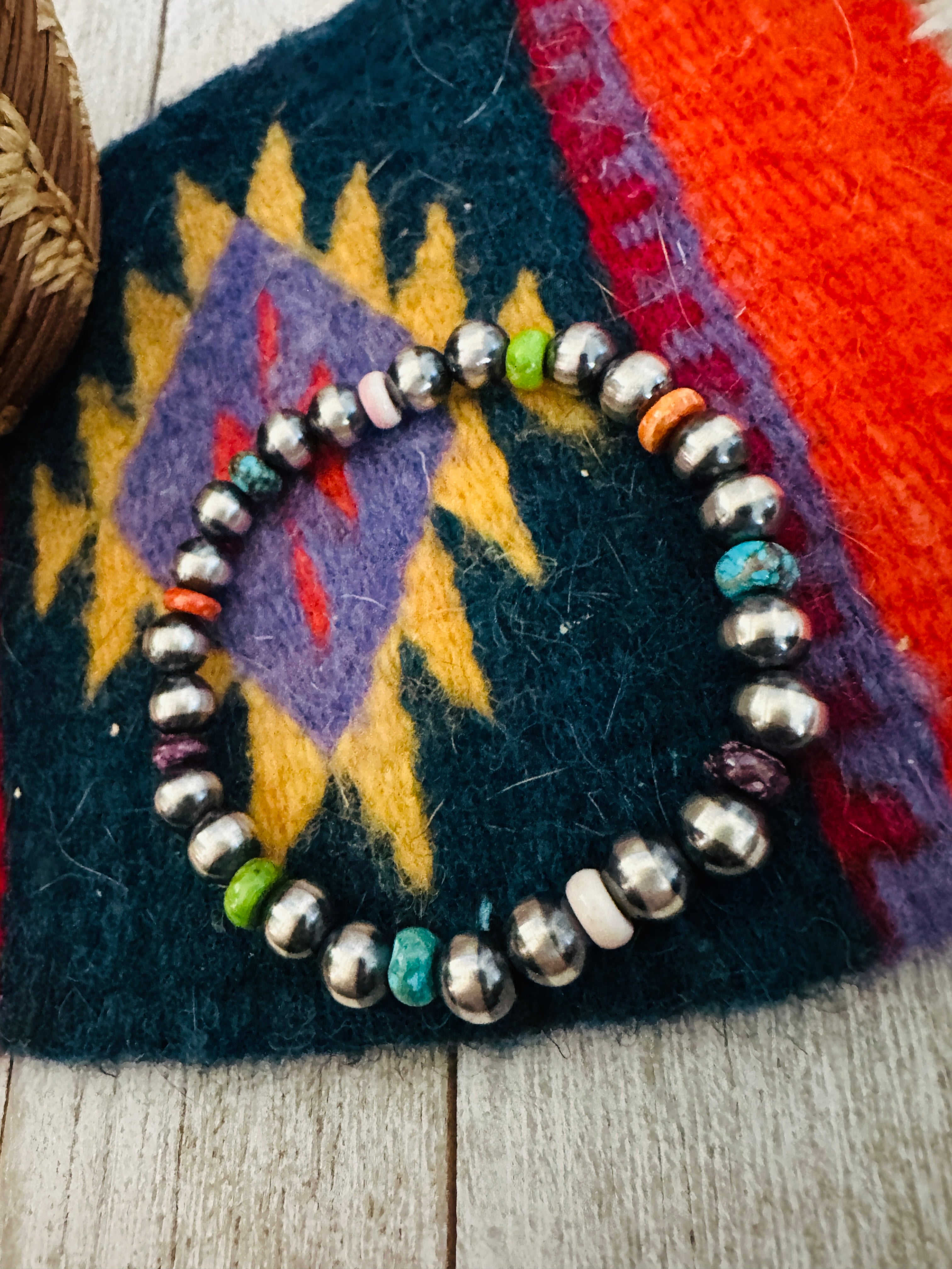 Navajo Multi Stone & Sterling Silver Pearl Beaded Stretch Bracelet