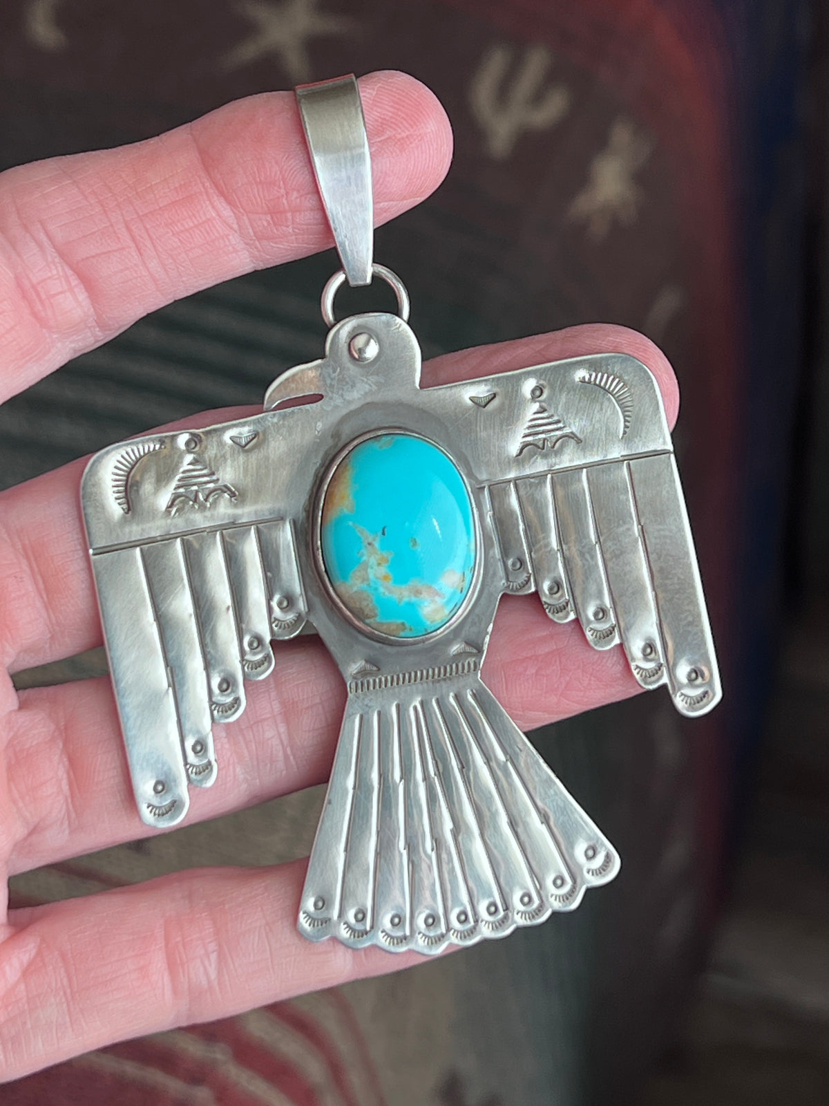 Kimari Somers Hand Stamped Sterling Silver & Kingman Turquoise Thunderbird Pendant 4