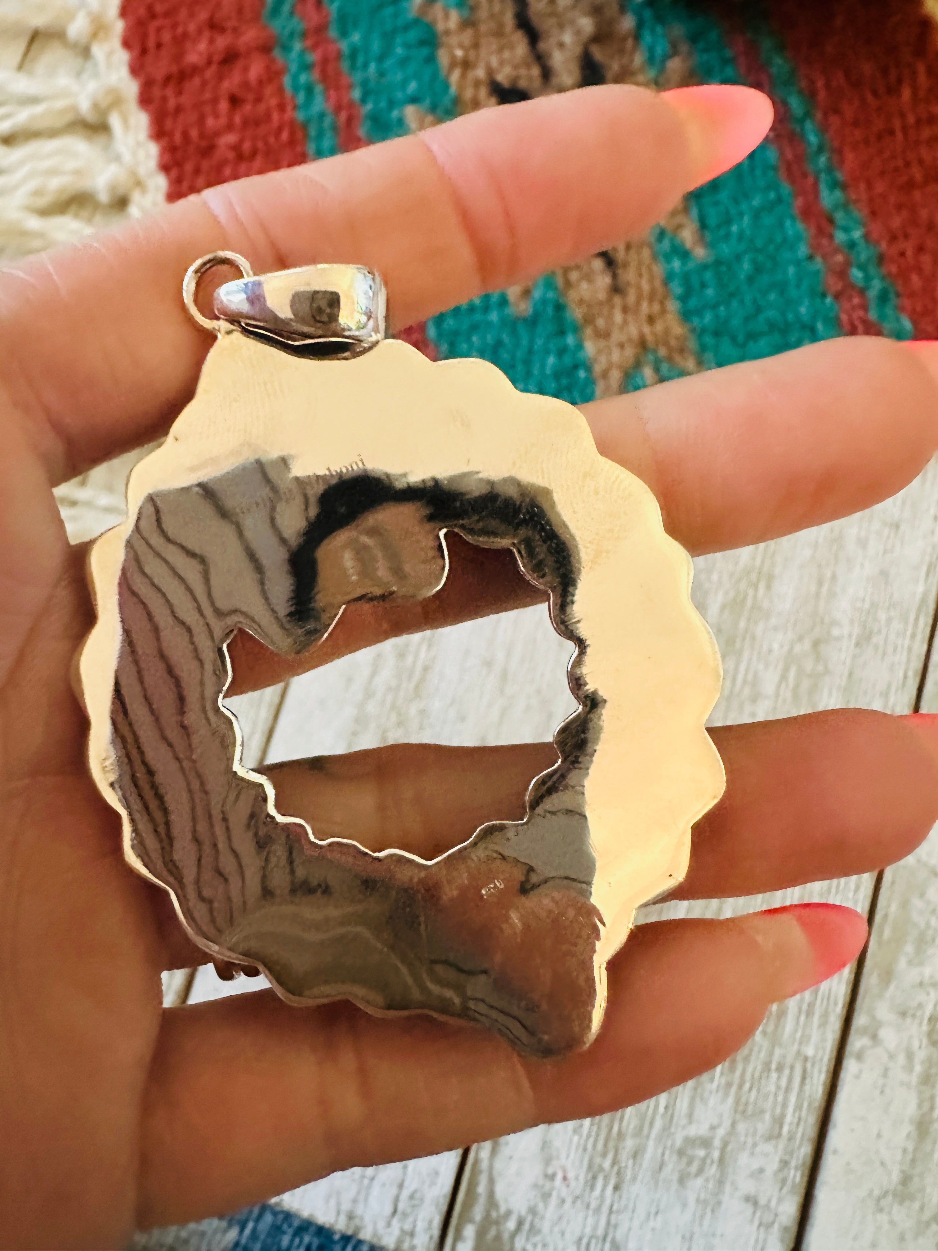 ** Christmas Collection ** Handmade Sterling Silver, Coral, Turquoise & CZ Wreath Pendant Signed Nizhoni