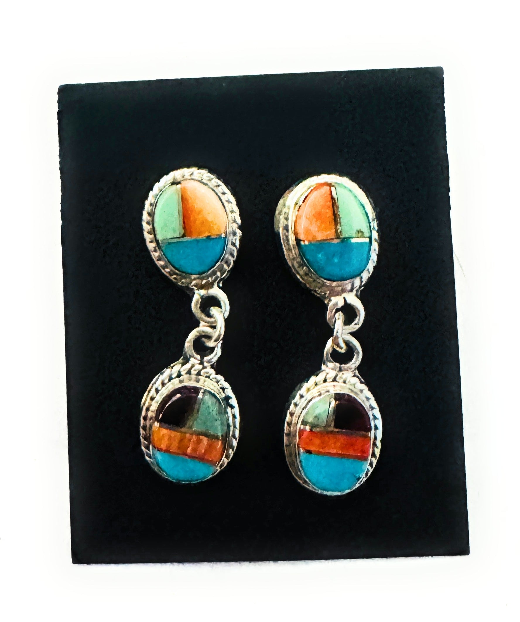 Navajo Sterling Silver & Multi Stone Inlay Dangle Earrings