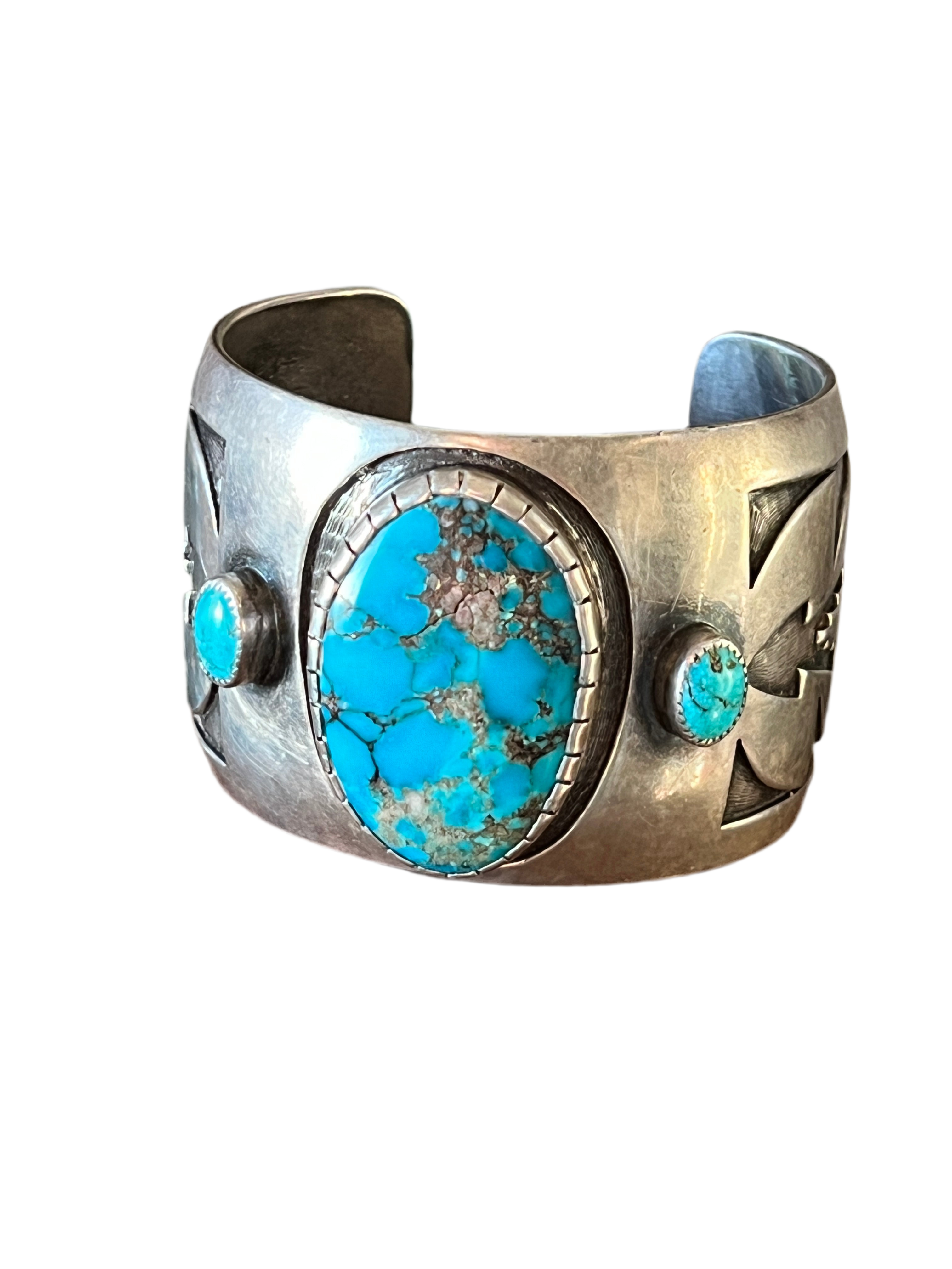 Vintage Old Pawn Sterling Silver and Morenci Turquoise Overlay Cuff Bracelet, Unsigned