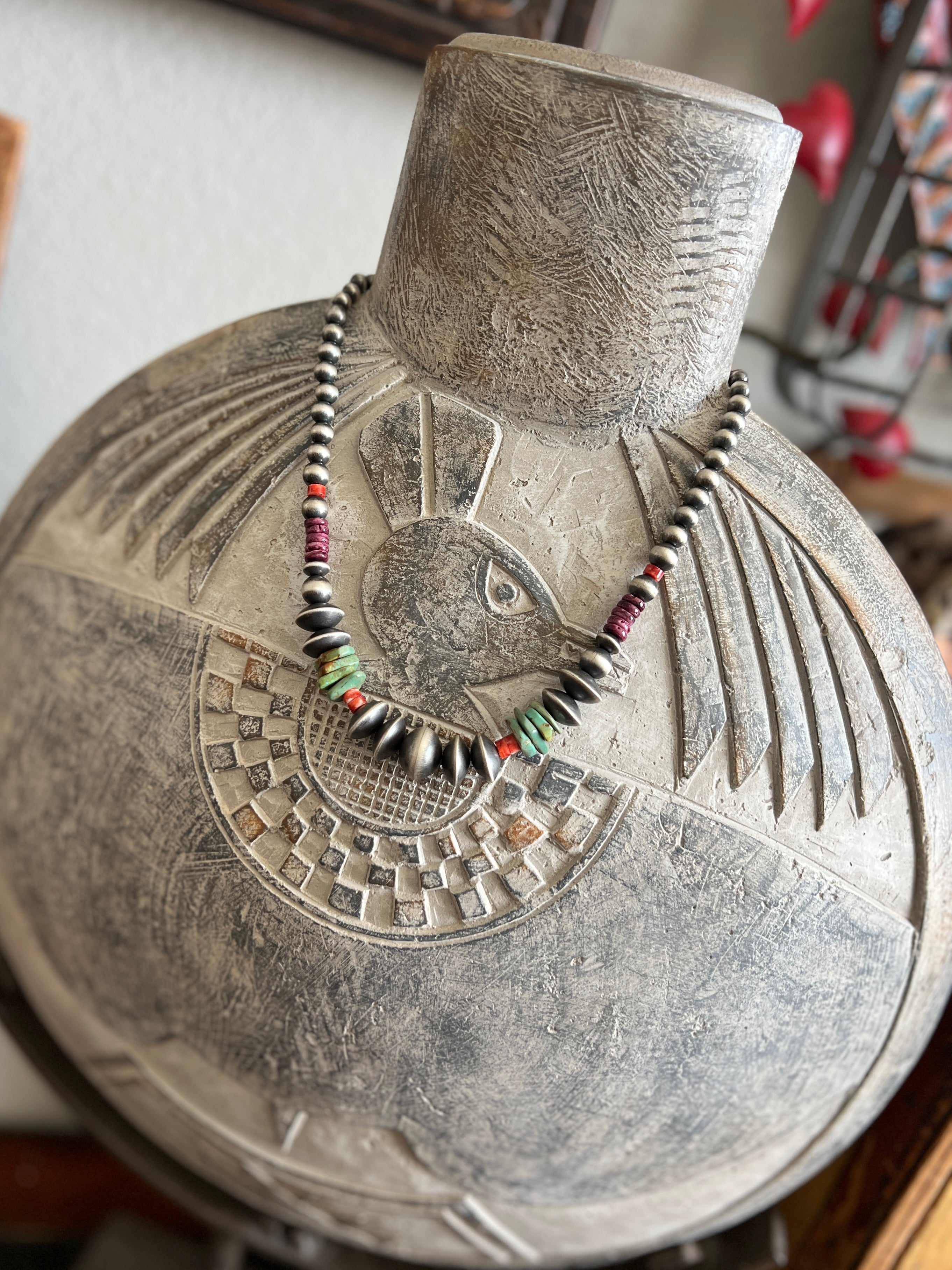 Rose Martin Sterling Silver, Turquoise and Spiny Oyster Single Strand Beaded Necklace, 18 + 1-1/2 inches