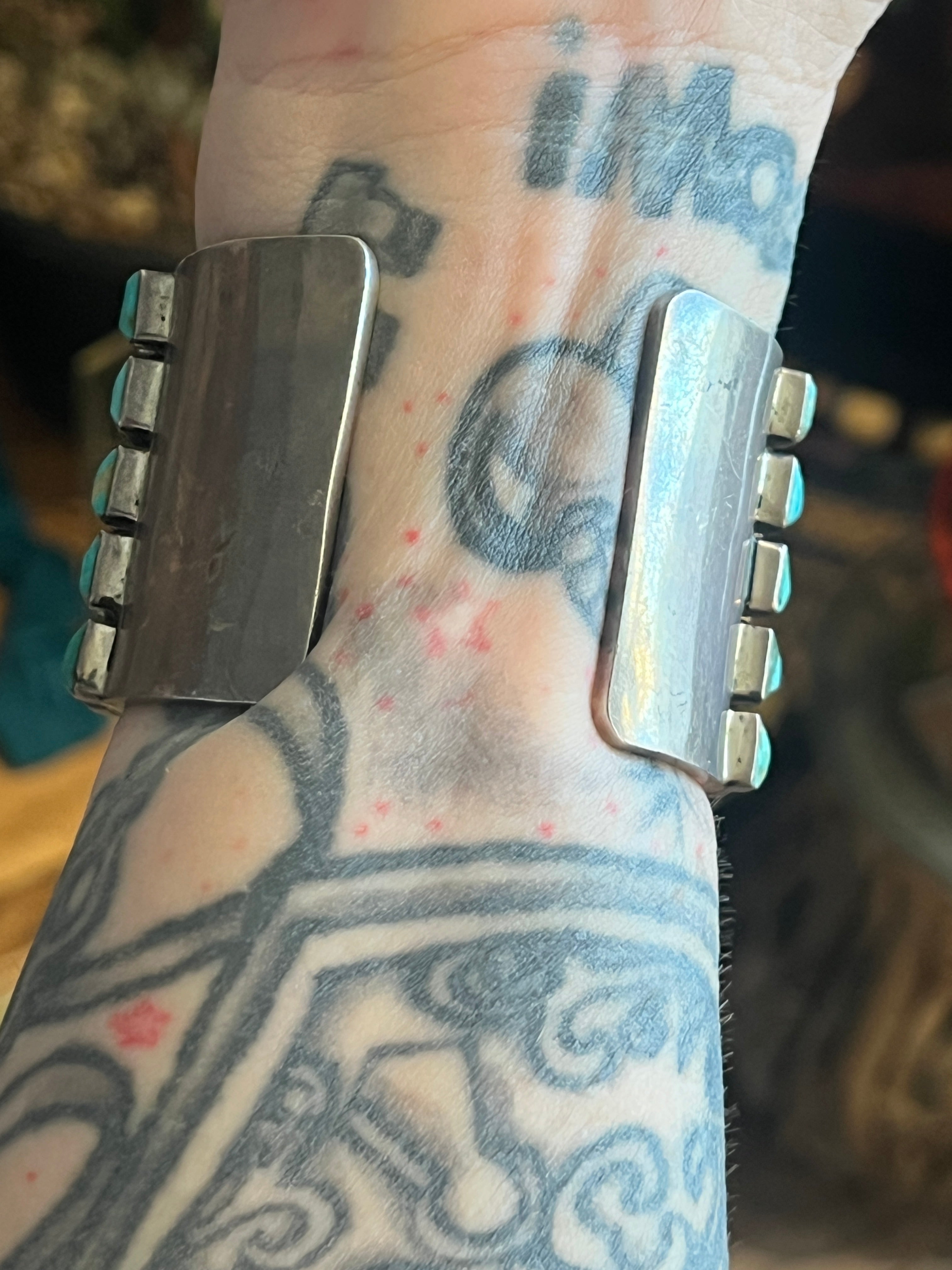 Hefty Old Pawn Sterling Silver and Turquoise 5 Row Cuff Bracelet by Federico Jimenez