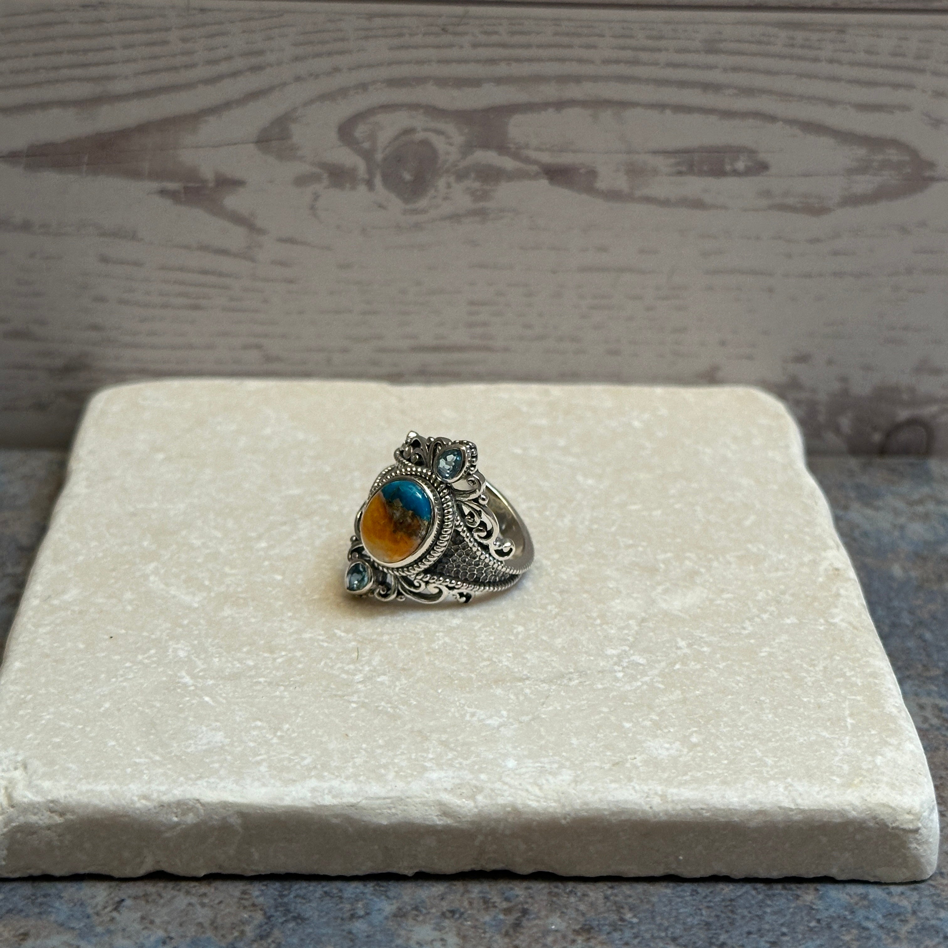 Sterling Silver Orange Spiny Turquoise & Swiss Blue Topaz Ring Size 7