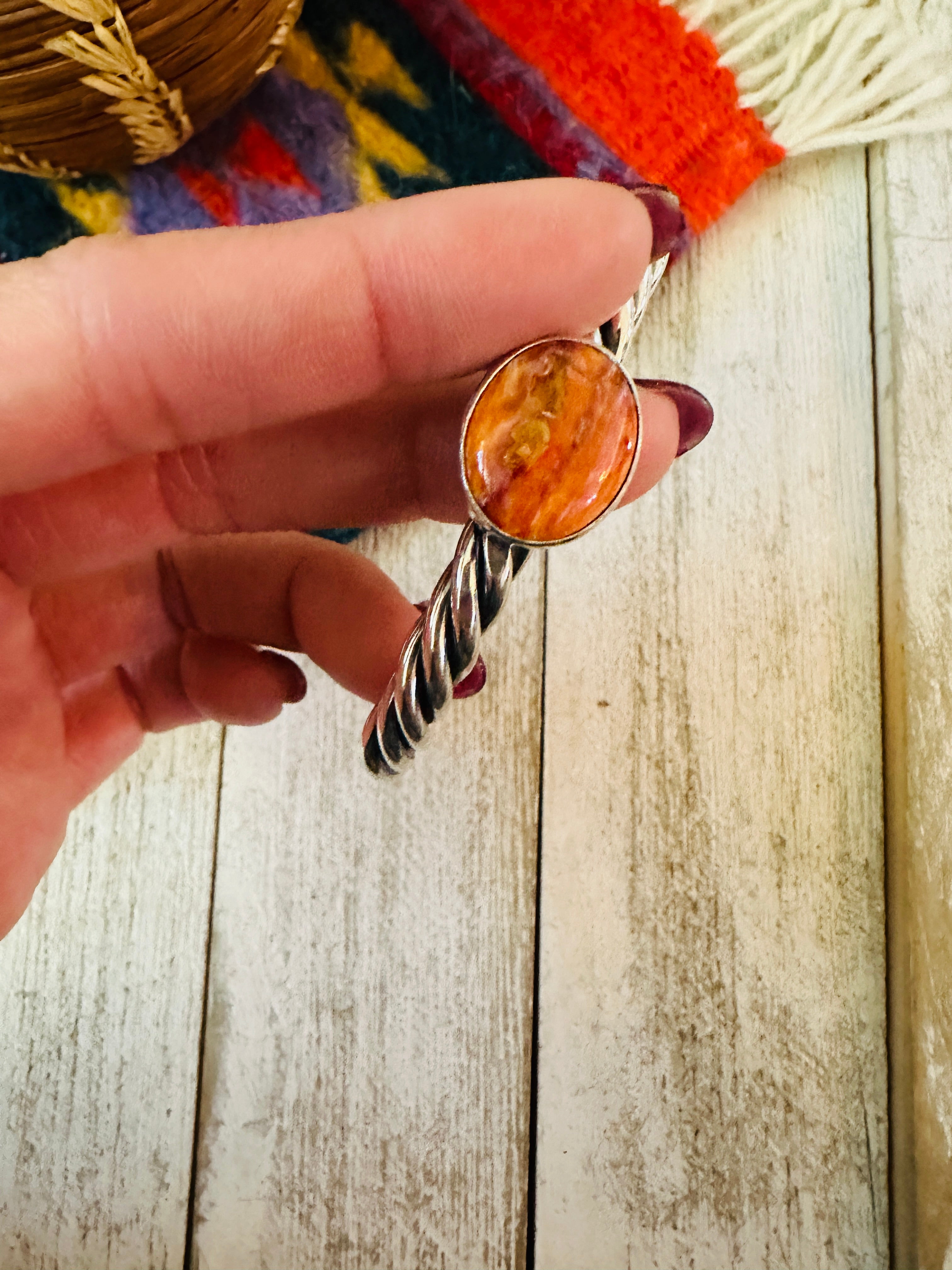 Navajo Twisted Sterling Silver & Orange Spiny Cuff Bracelet