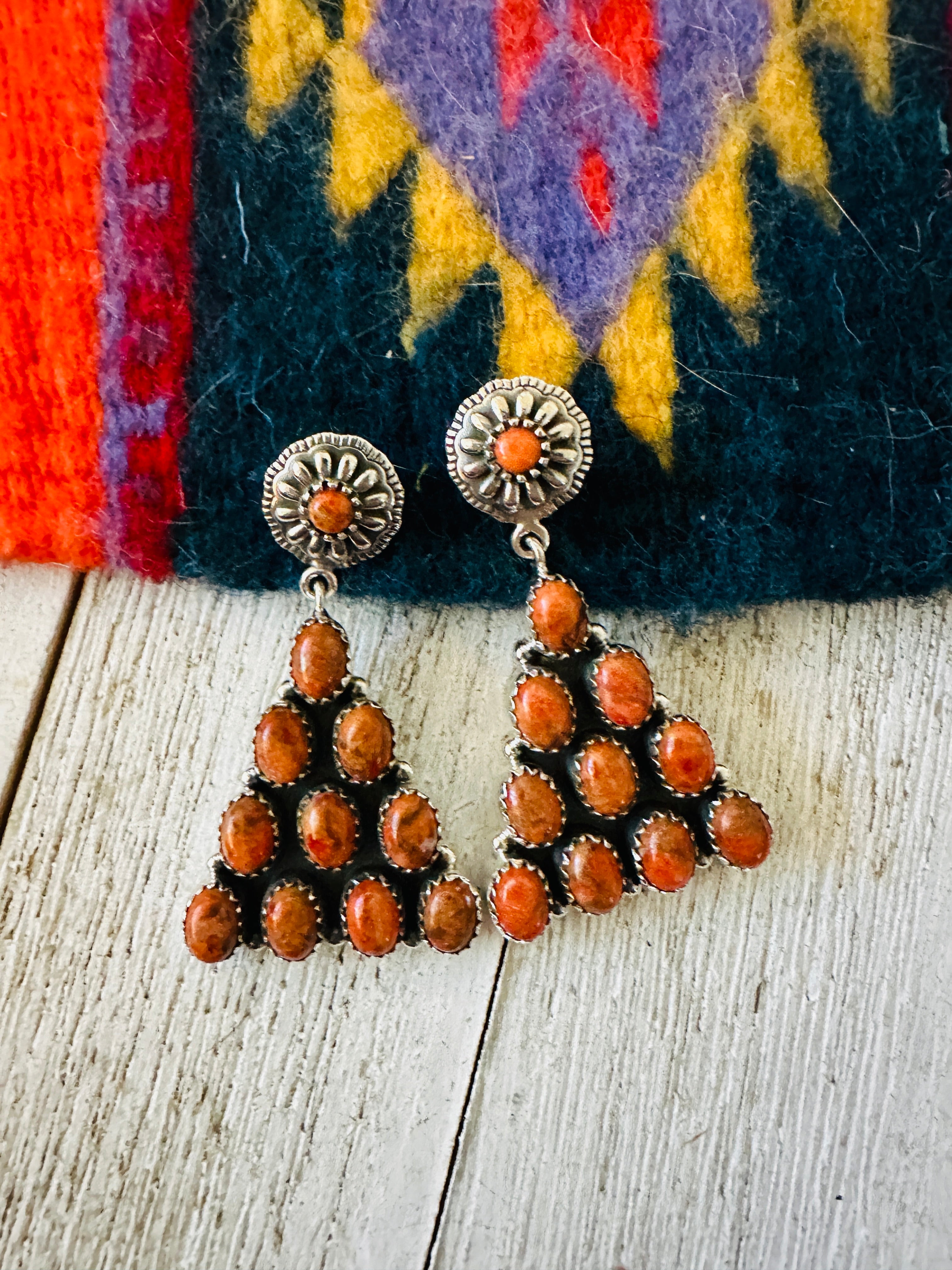 Handmade Orange Spiny & Sterling Silver Triangle Dangle Earrings Signed Nizhoni