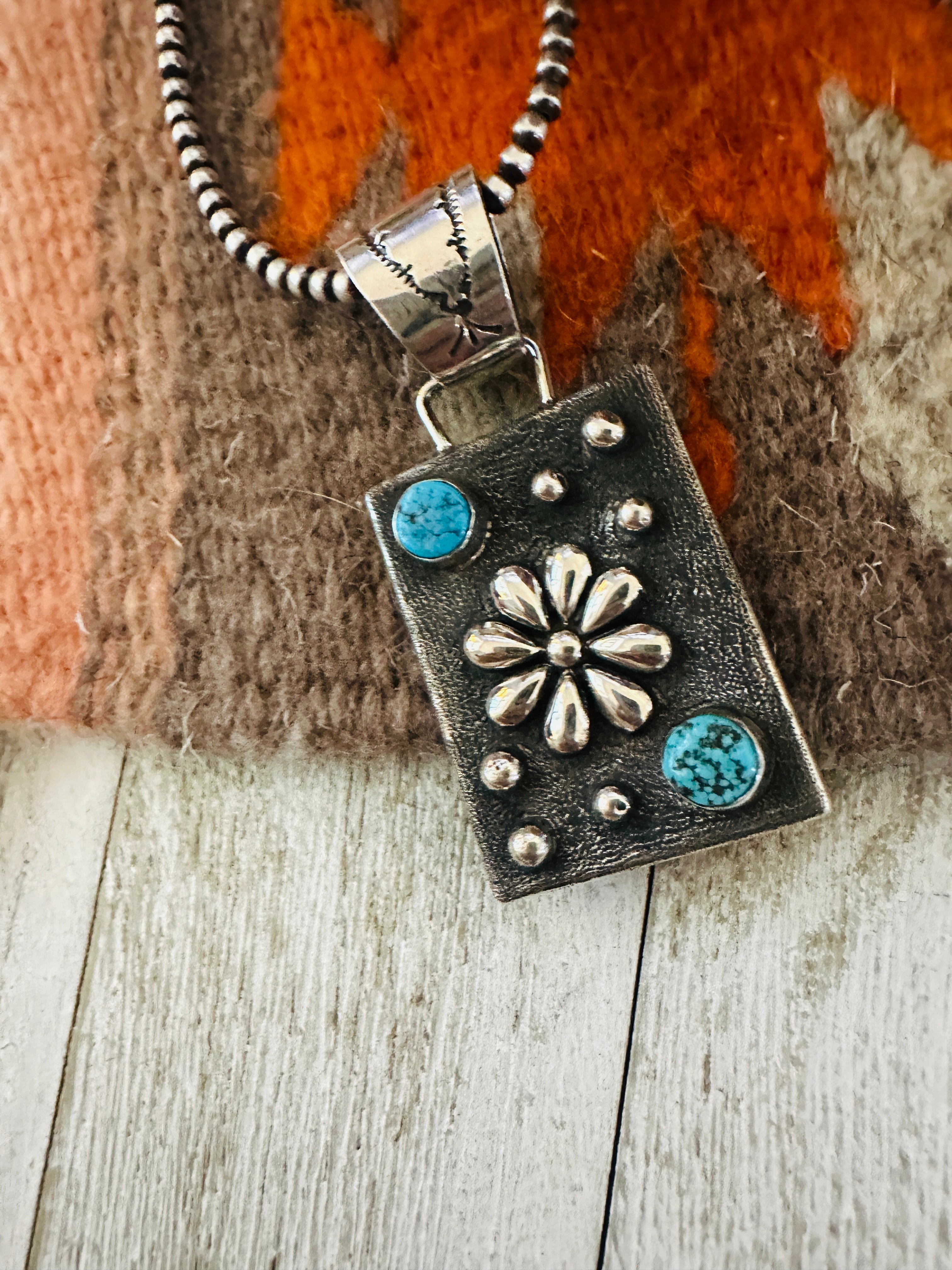 Handcrafted Studded Flower Turquoise & Sterling Silver Pendant