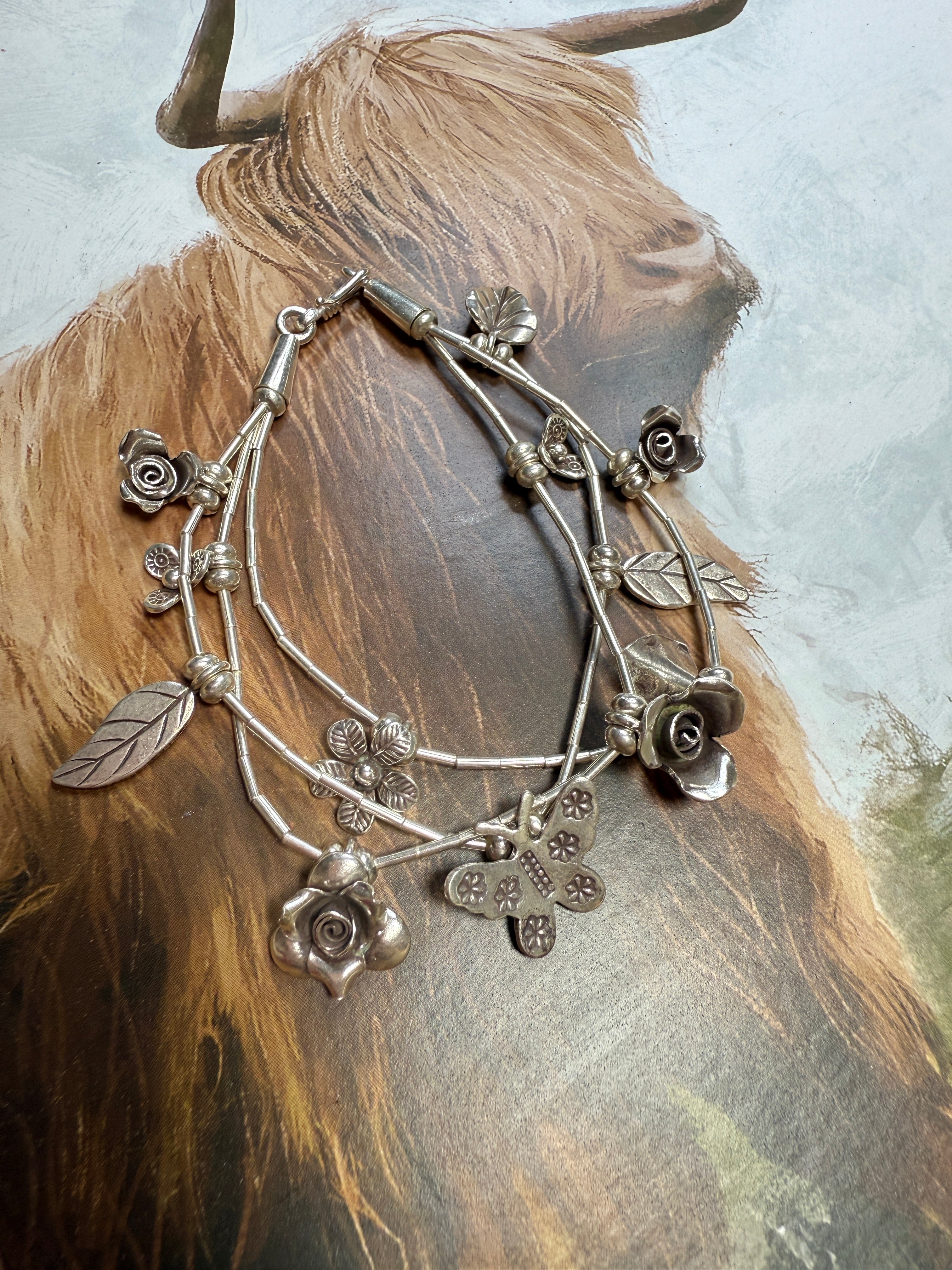 Handmade Sterling Silver Butterfly Flower Bracelet