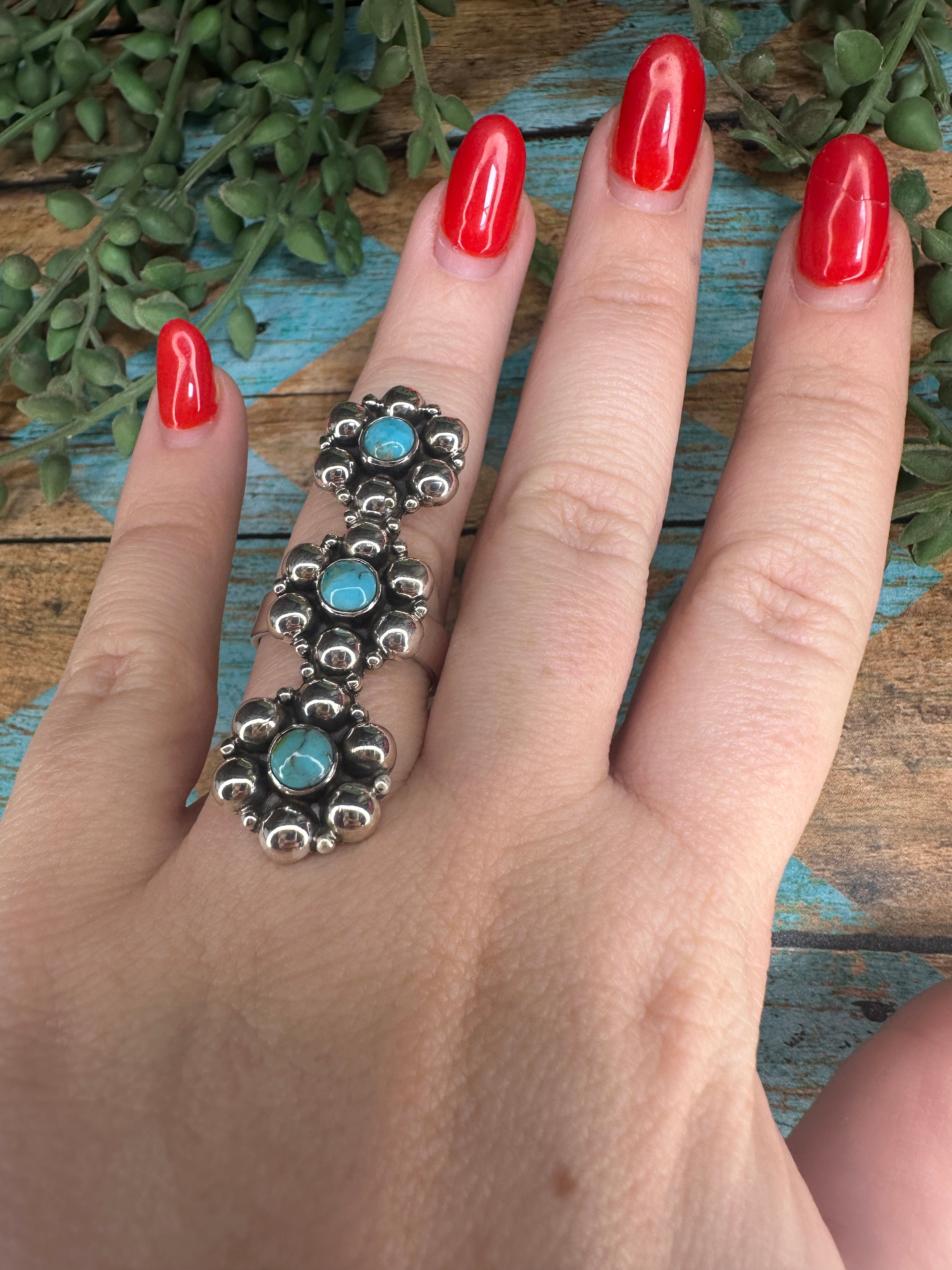 Beautiful Handmade Sterling Silver & Turquoise Adjustable Ball Ring