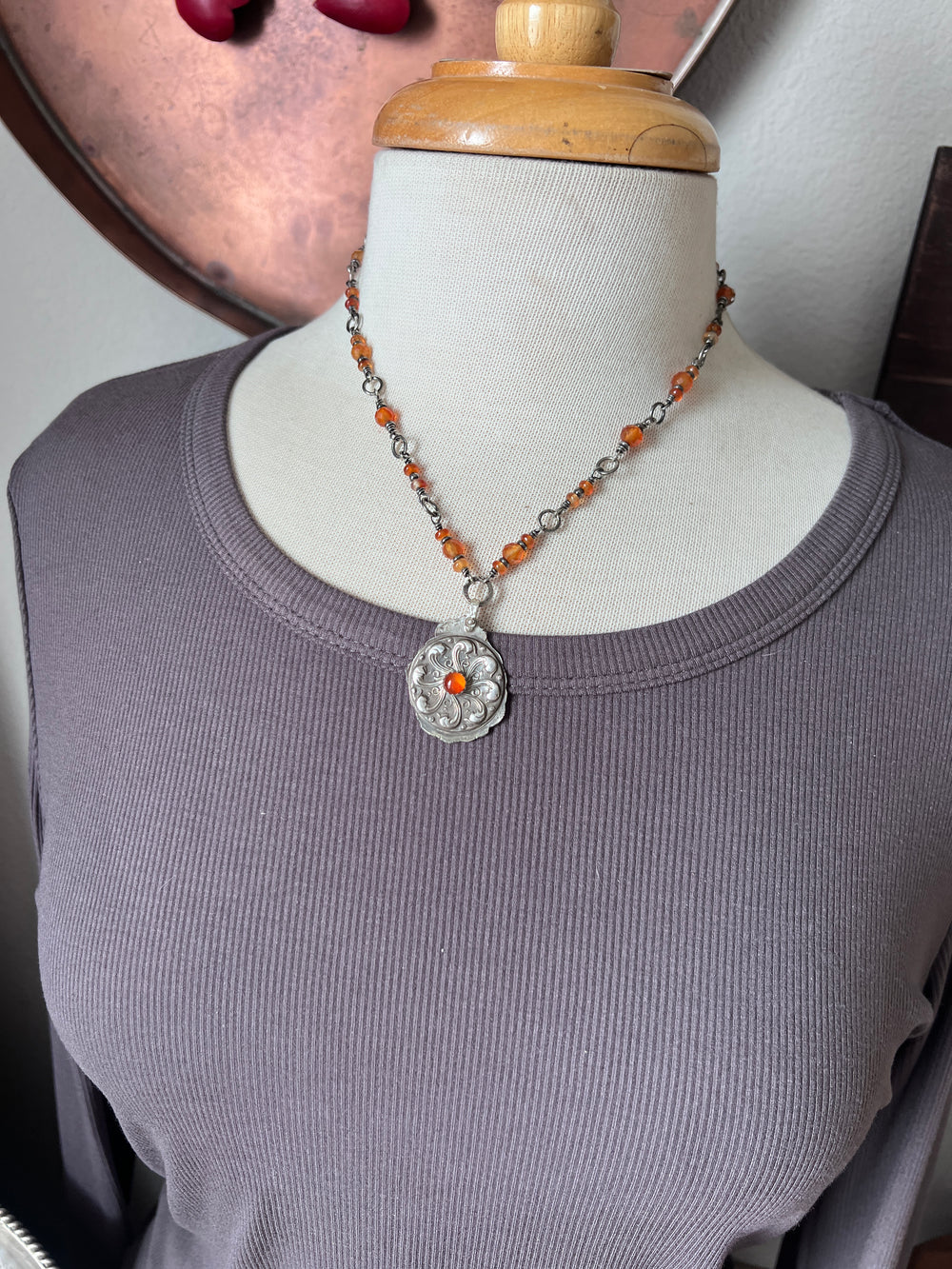 Tularosa Rosary Style Sterling Silver and Carnelian Wind Wheel Relic Coin Necklace
