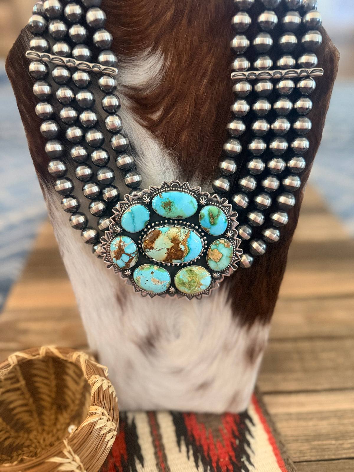 Handcrafted Beaded Sterling Silver & Sonoran Mountain Turquoise Cluster Necklace by Charles Johnson