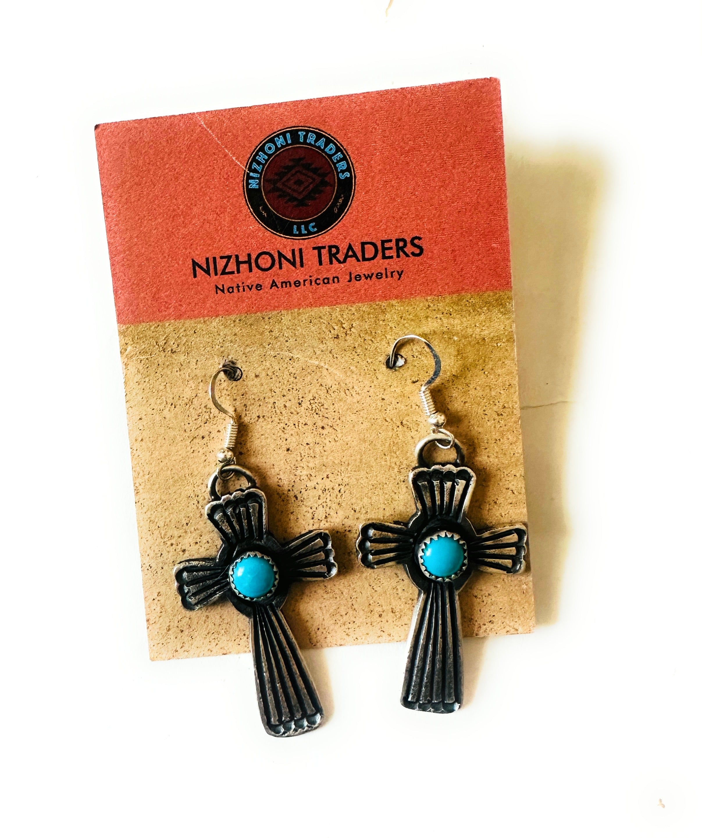 Navajo Sterling Silver & Turquoise Cross Dangle Earrings