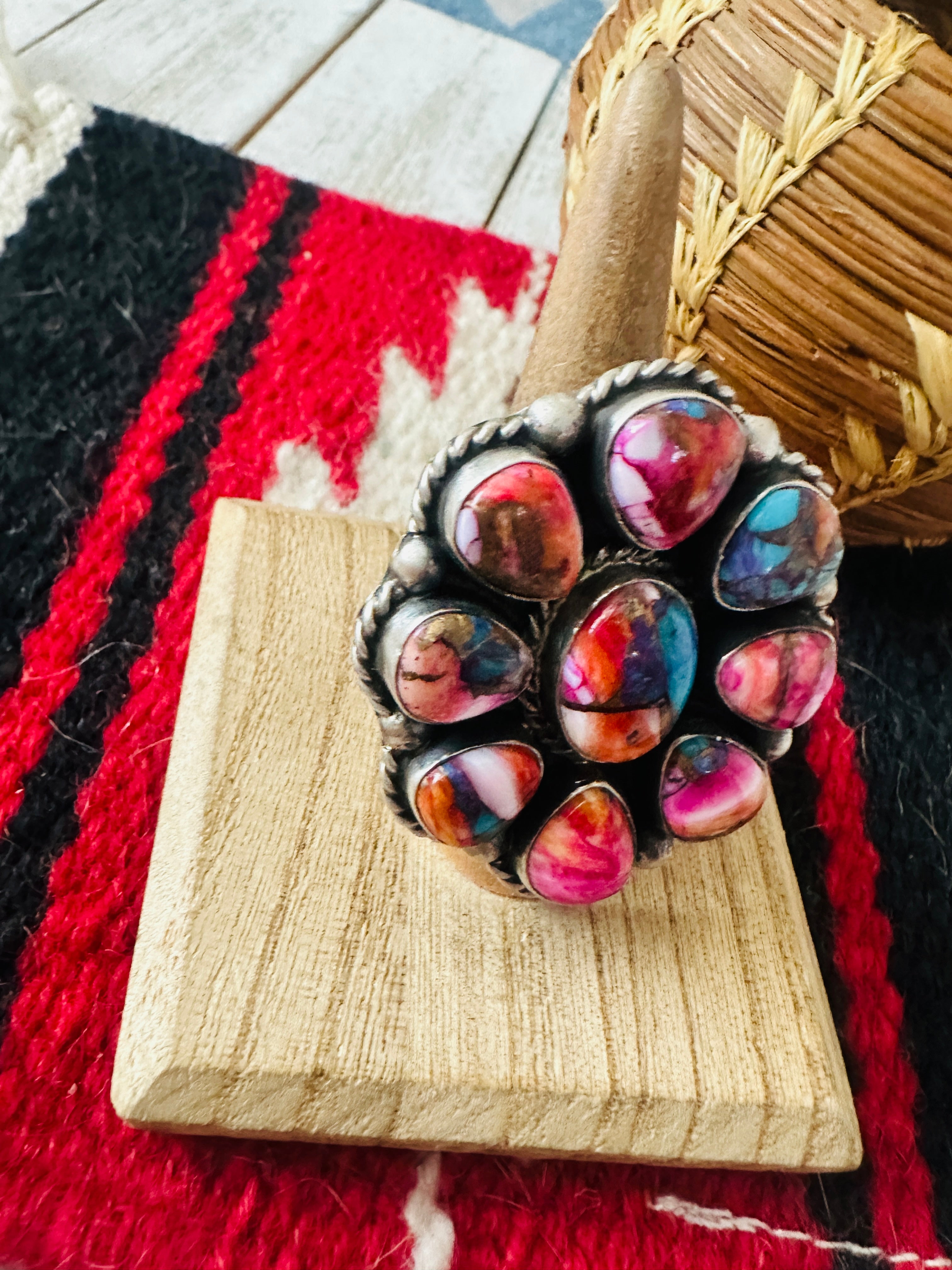 Handcrafted Sterling Silver & Pink Dream Mojave Cluster Adjustable Ring